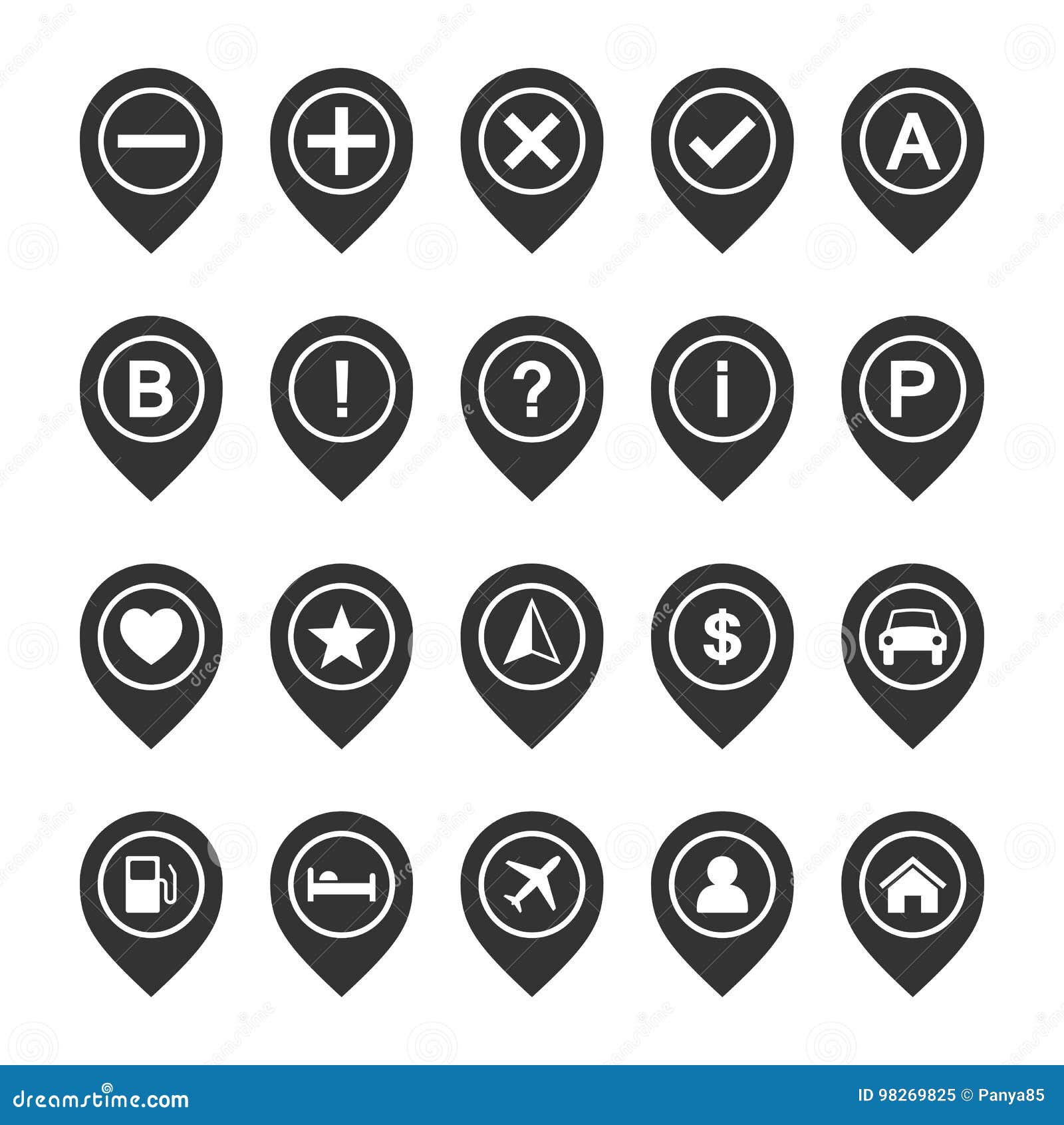  icon set of map pins or pointers. place location markers or signs