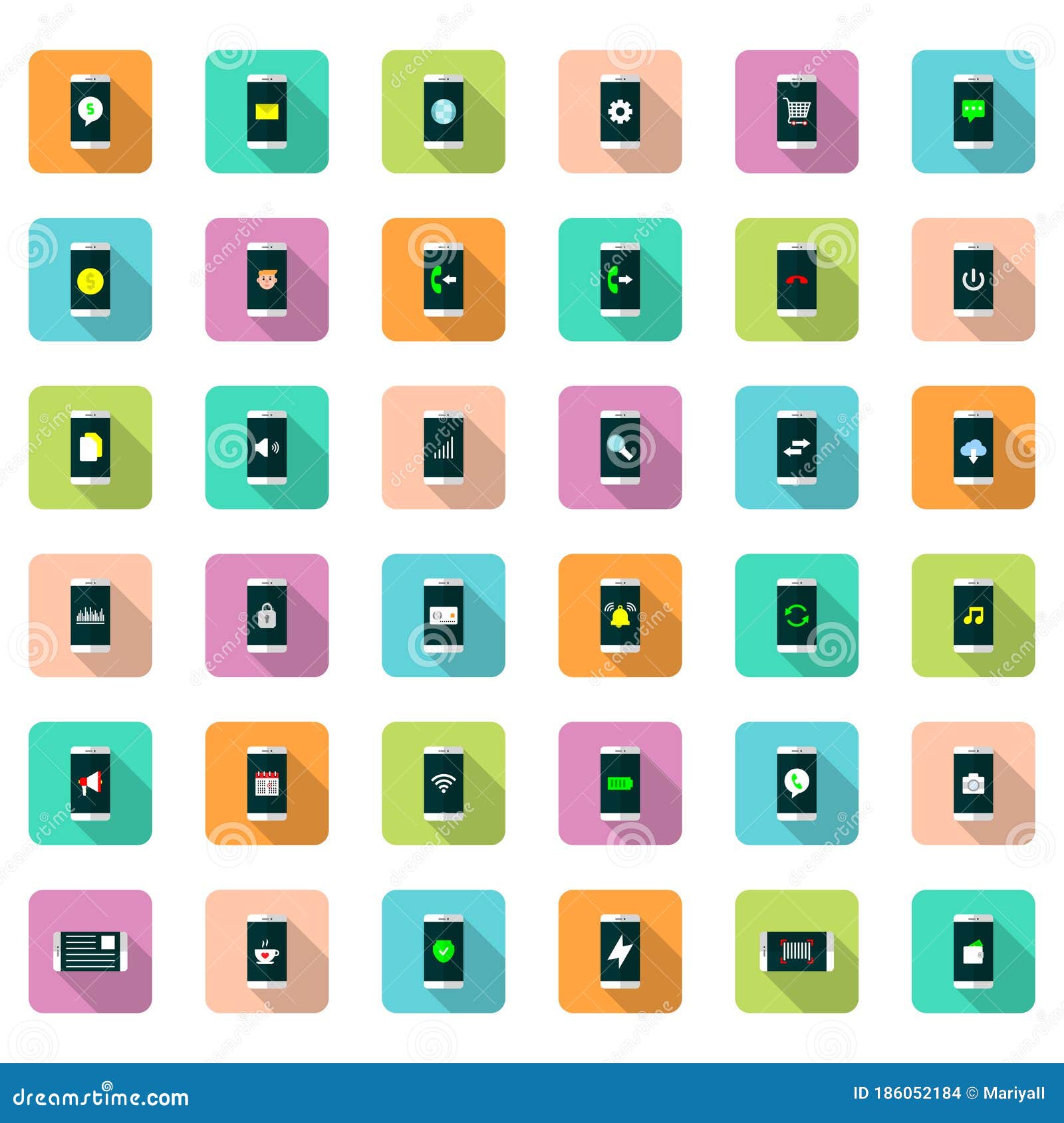 Vector Icon Set of Mobile Function in Flat Style with Shadow Stock