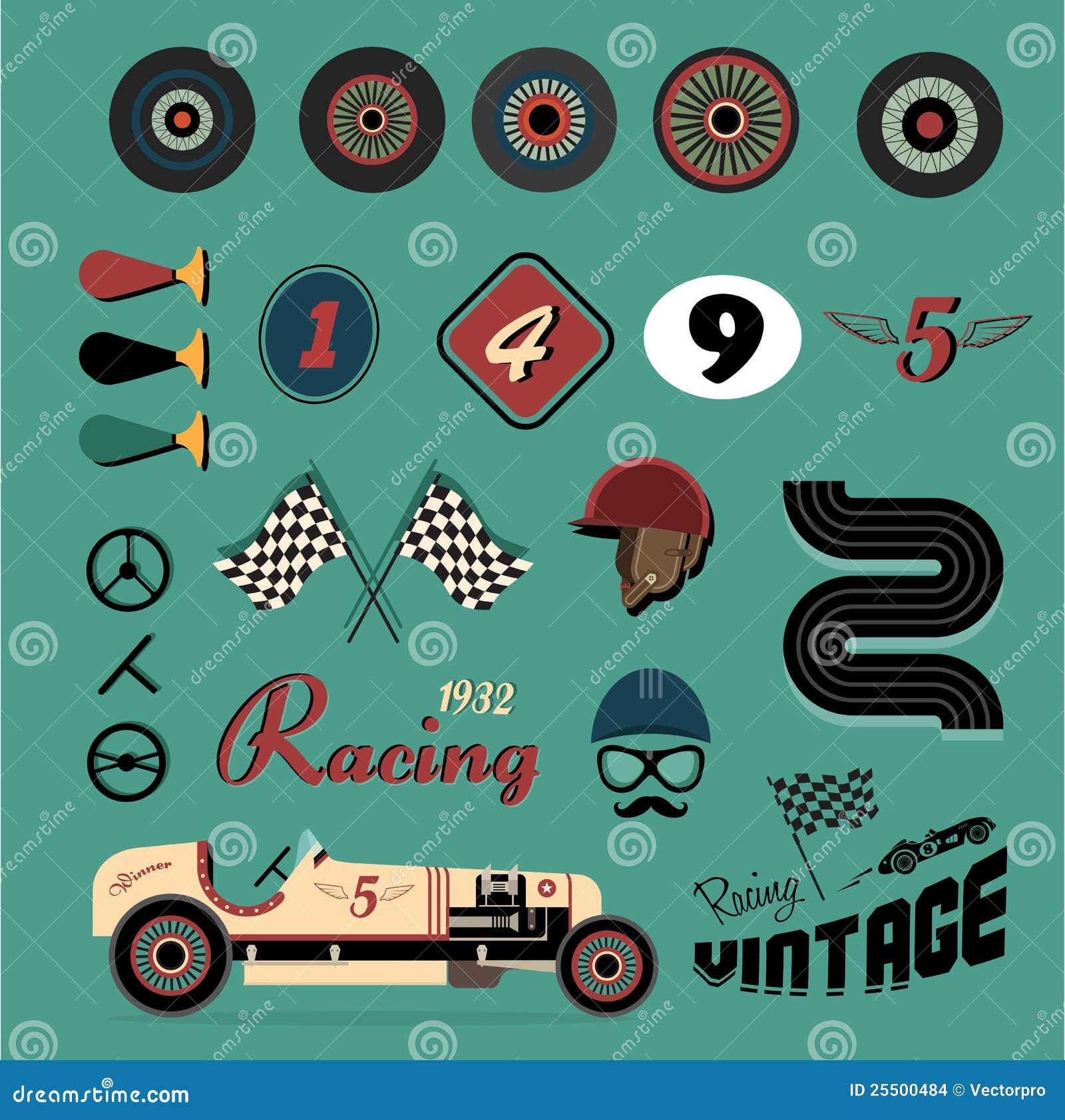 Download Vector Icons Of Vintage Car Racing Stock Vector - Illustration of helmet, motor: 25500484