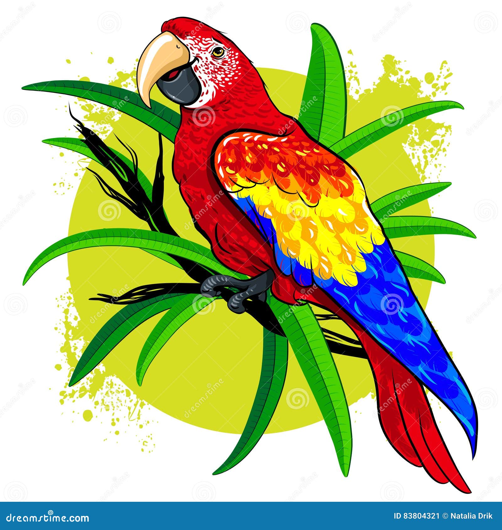 Vector il disegno di grande pappagallo colorato luminoso sulle foglie verdi del fondo Libera da Diritti