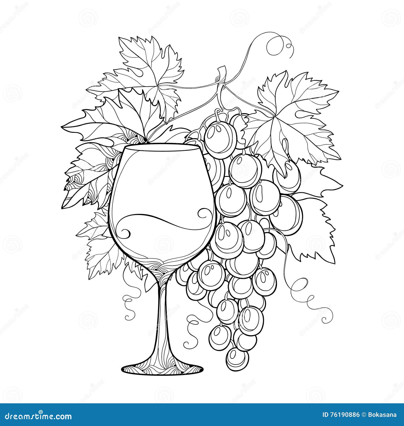 Vector il mazzo di uva di foglie decorate dell uva e di bicchiere di vino nel nero Libera da Diritti