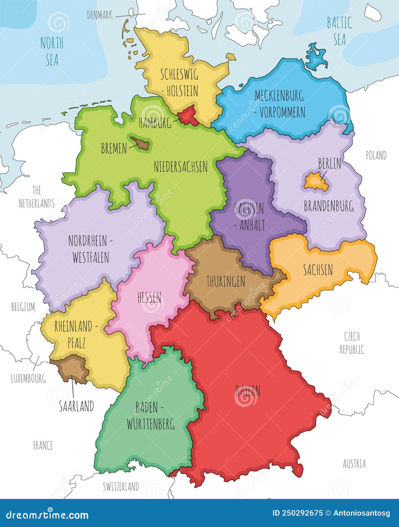 Vector Illustrated Map of Germany with Federated States or Regions and Administrative Divisions