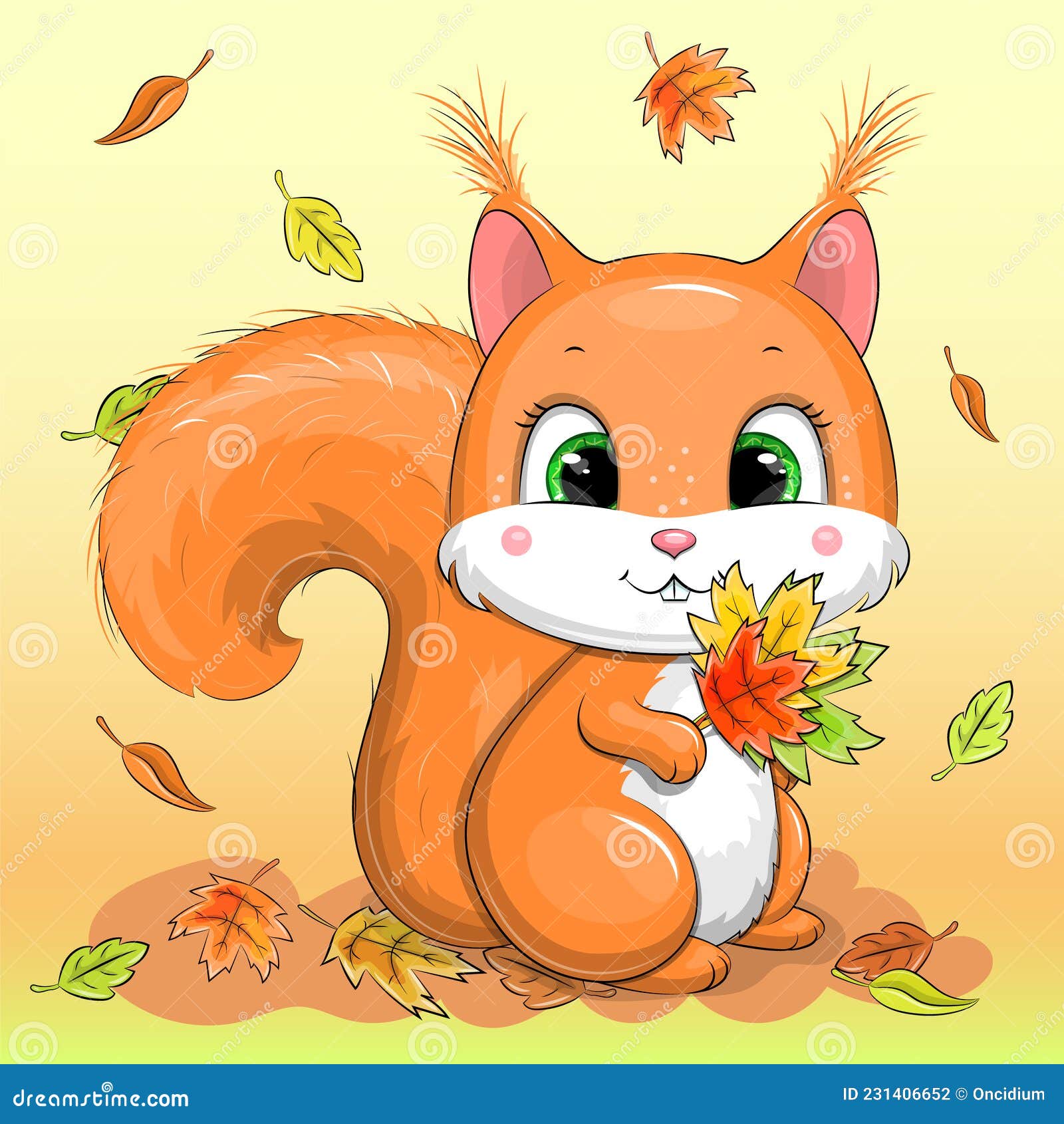Cute Cartoon Red Squirrel with Autumn Leaves. Stock Vector - Illustration  of decoration, november: 231406652
