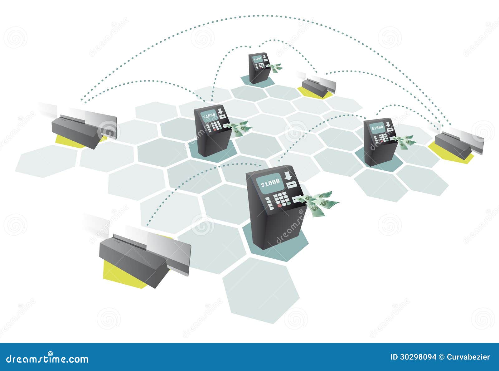 ATM network and credit cards connecting / Consumerism. Vector illustration of an ATM network and credit cards connecting