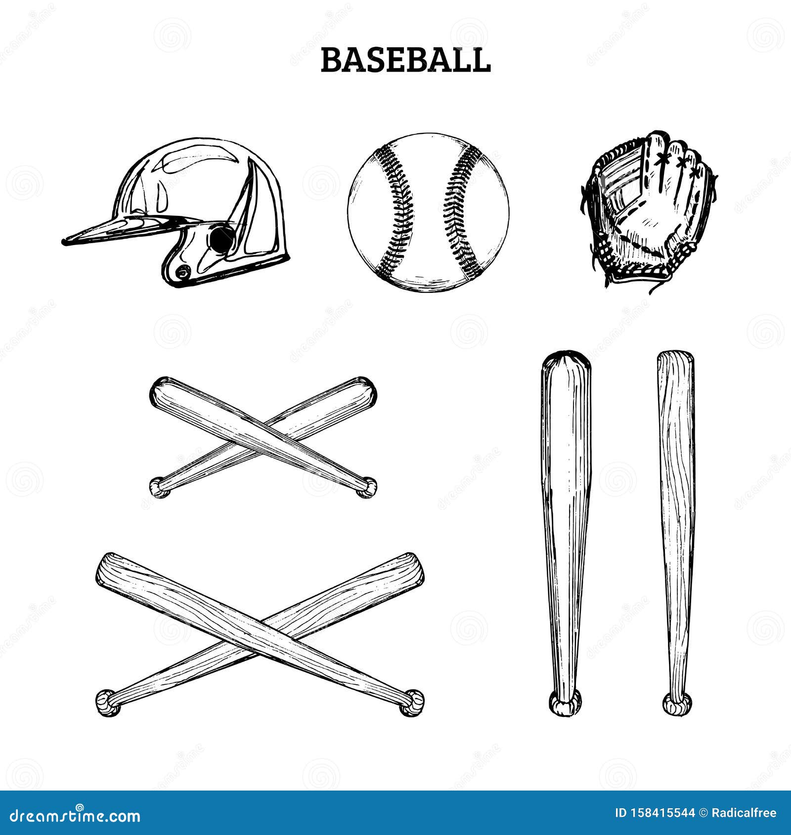 Vector Illustration of Baseball Equipment. Set of Drawn Sporting Goods