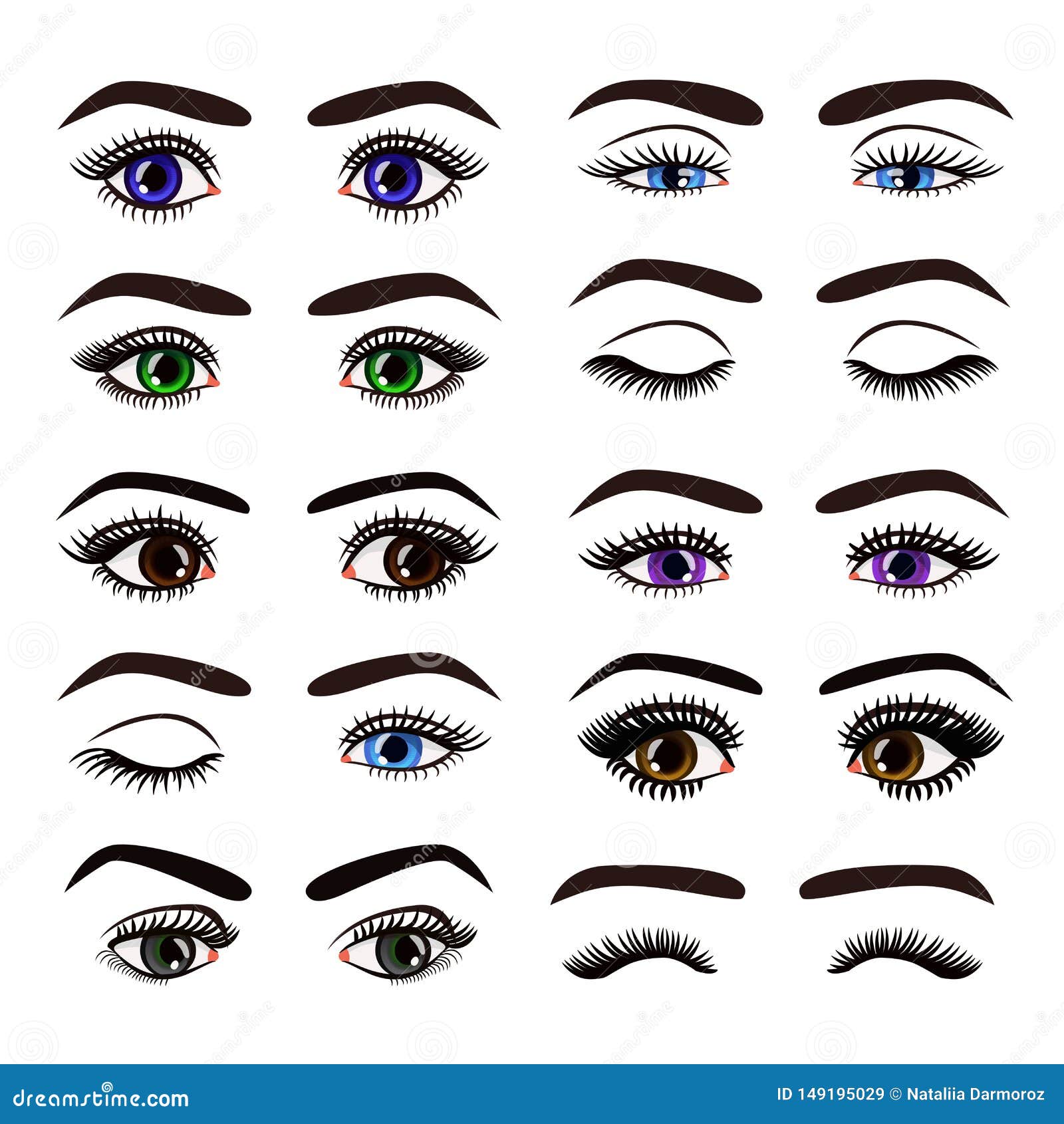   of beautiful female woman eyes and brows in different emotions set collection on white background.