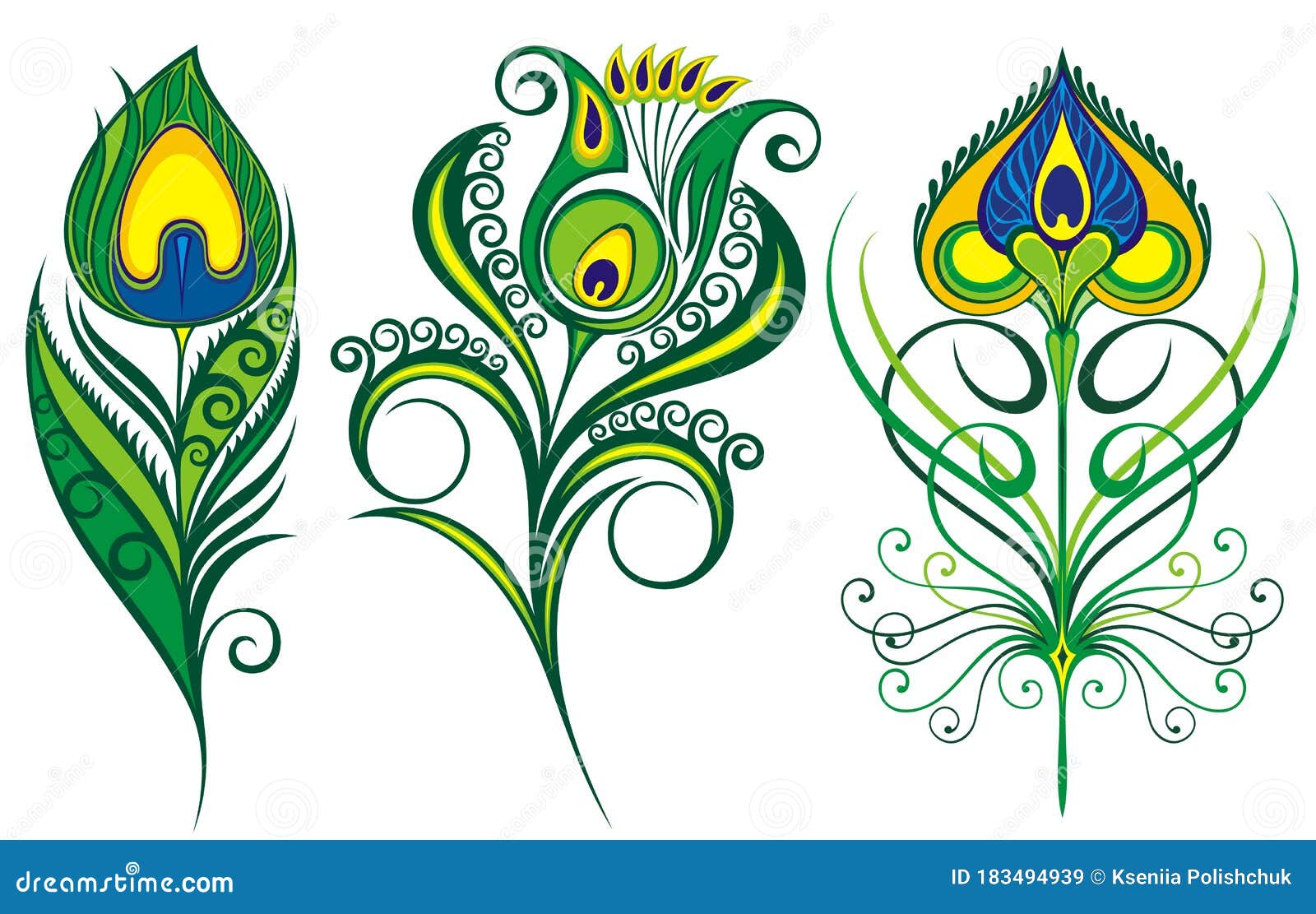Colorful Beautiful Peacock Feather Set Isolated.Vector ...