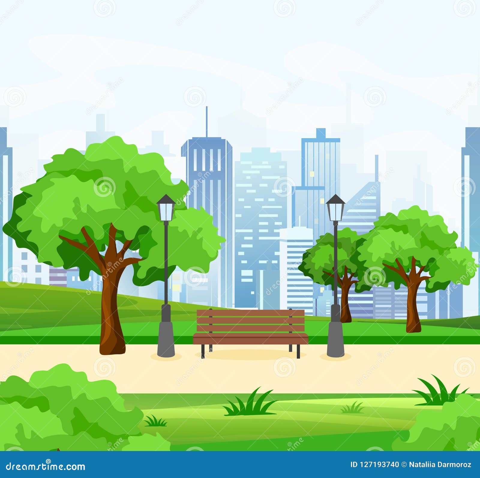 Vector Illustration of Beautiful Public City Park with Trees and Bench ...