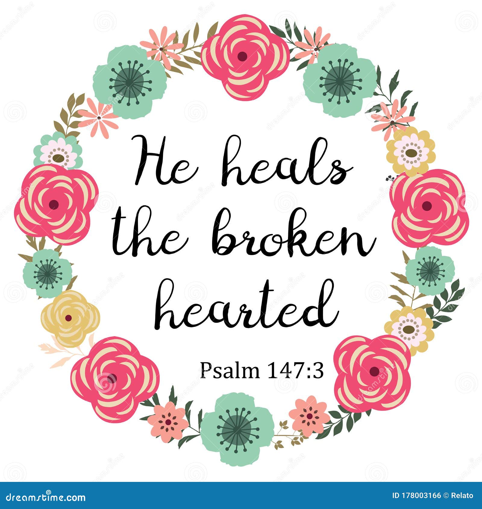 Vector Bible Verse. he Heals the Broken Hearted. Stock Vector