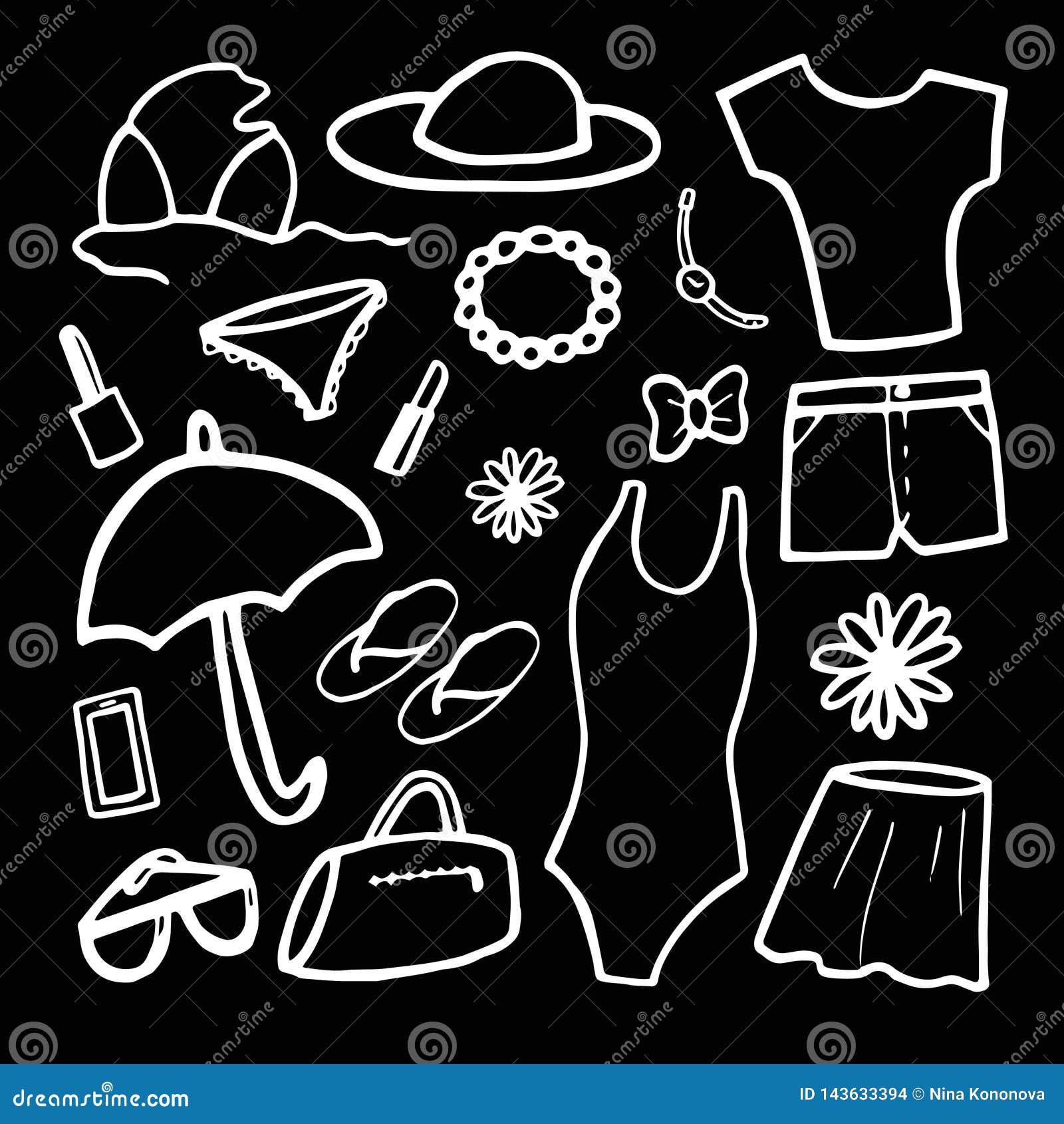 Vector Illustration on Black Background. Fashion Set of Woman`s Summer  Clothes and Accessories Stock Vector - Illustration of cartoon, paint:  143633394
