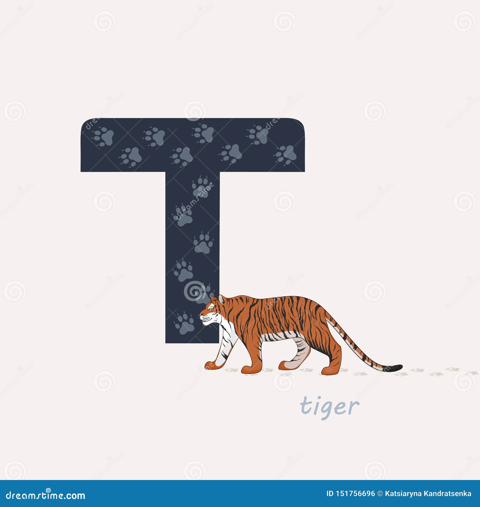 Vector Illustration. Blue Letter T with Tigers Footprints, a Cartoon Tiger. Animal Alphabet. Stock Vector - Illustration of character, felids: 151756696 Vector Illustration. Blue Letter T with Tigers Footprints, a Cartoon Tiger. Animal Alphabet. Stock Vector - Illustration of character, felids: 151756696