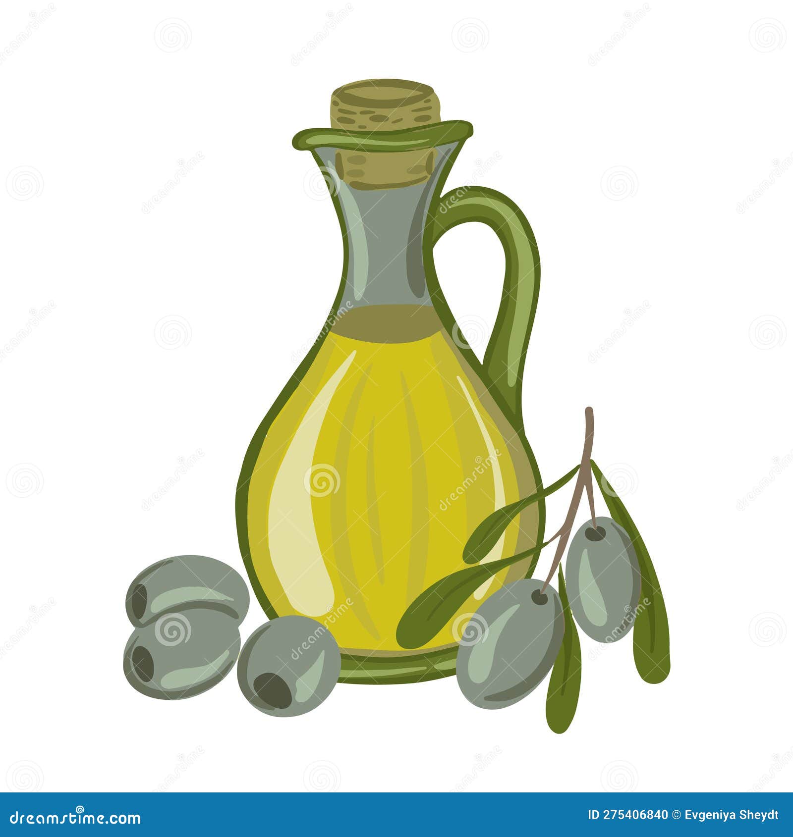 Vector Illustration of a Bottle of Olive Oil, Green Olive Branch Stock