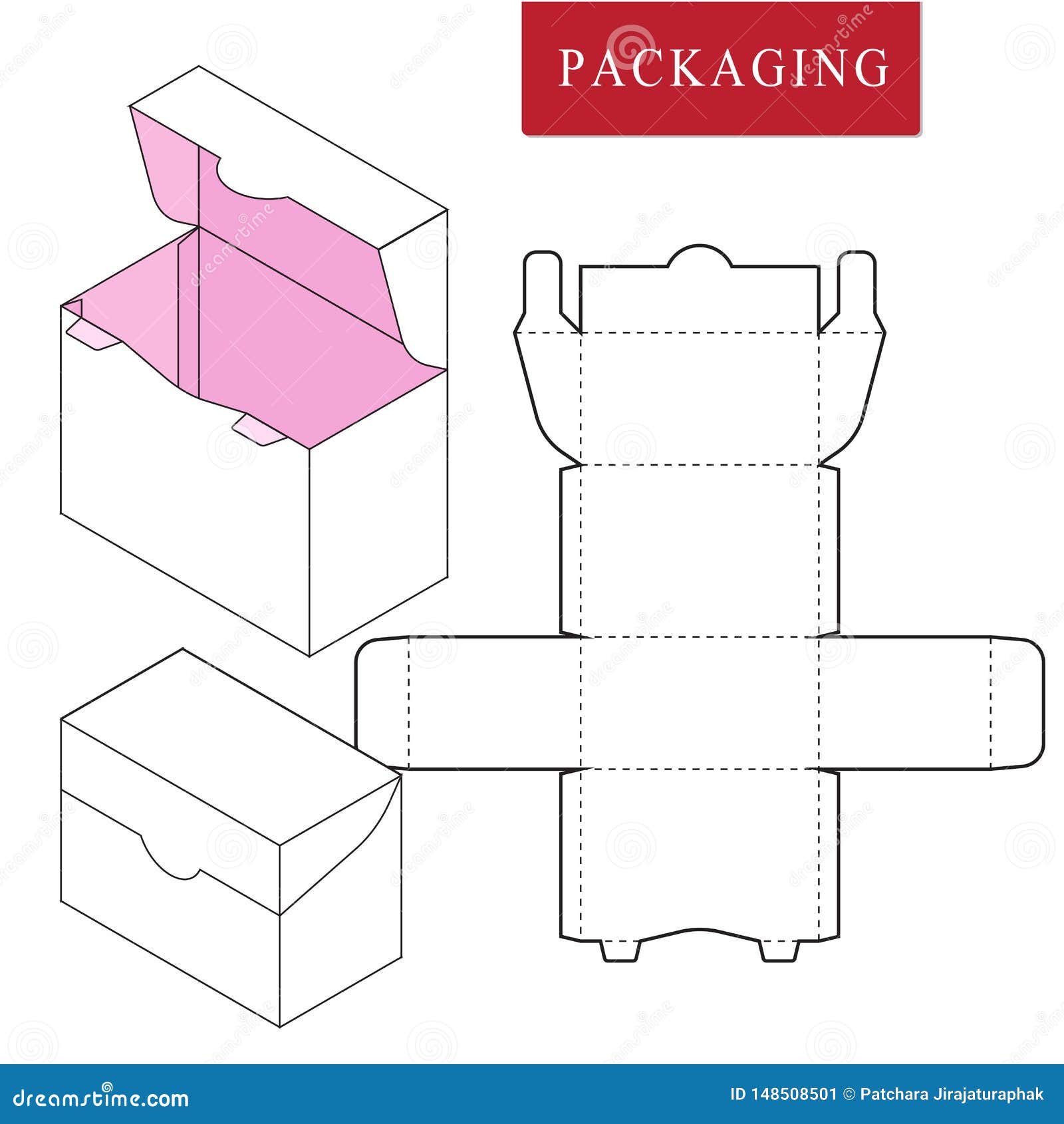 Gift Box Packaging Template. Retail Box with Blueprint Template. Cardboard  Shaped Opening Carry Box Bag Packaging, Isolated On White Background.  Die-stamping. Stock Vector