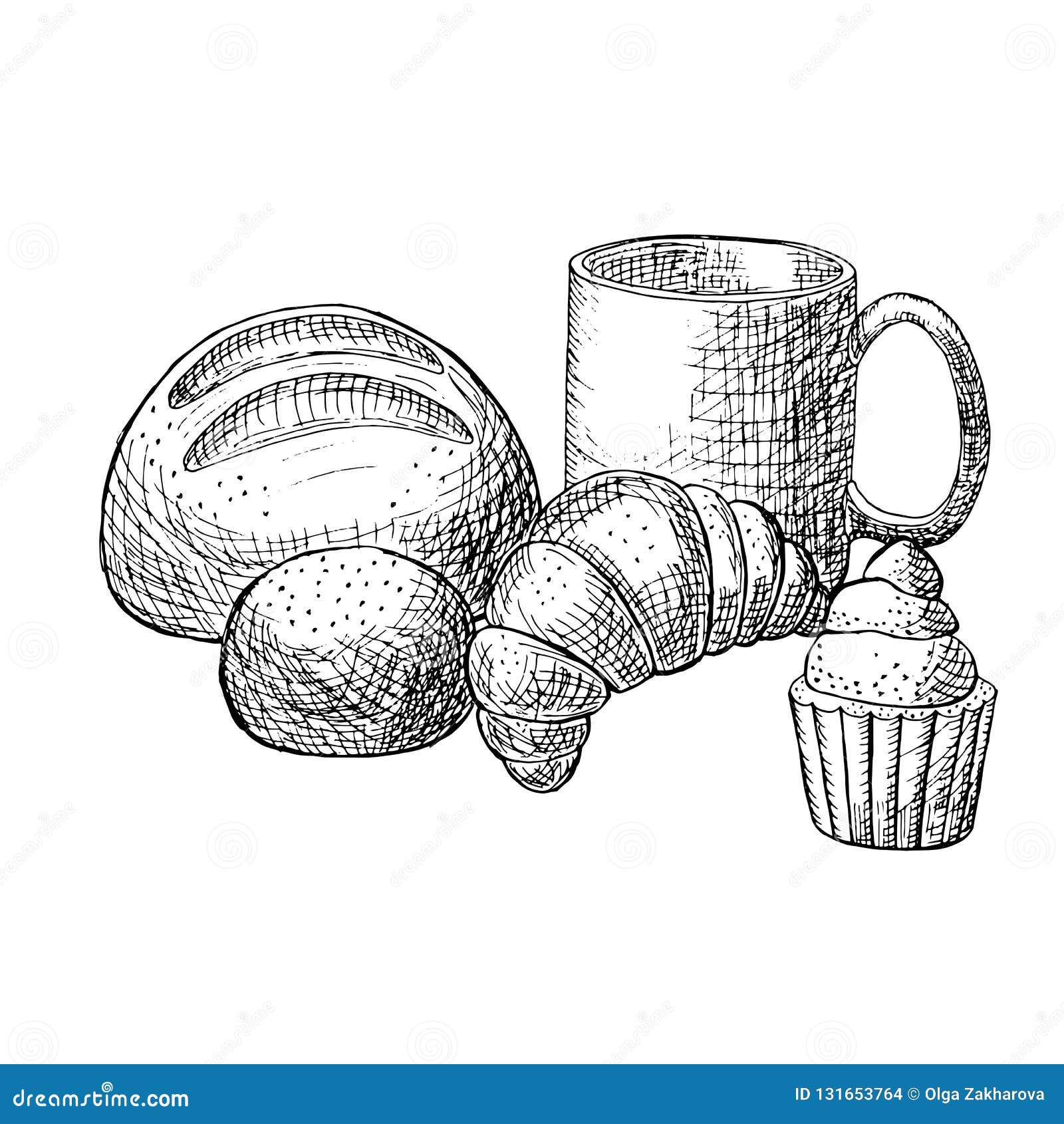 Vector Illustration. Bread, Croissant, Muffin, Cup of Tea, Black and