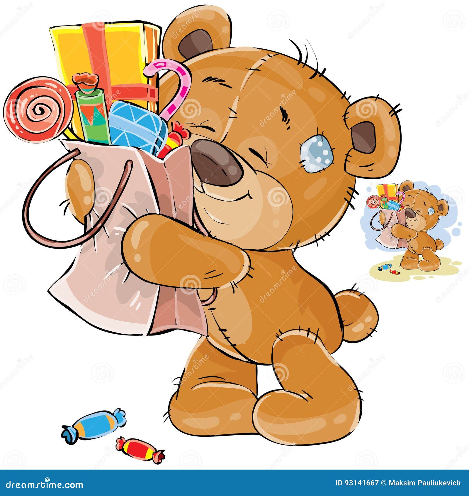 Vector Illustration Of A Brown Teddy Bear Sweet Tooth Embracing With Its Paws A Cardboard Package With Sweets Stock Vector Illustration Of Invitation Small 93141667