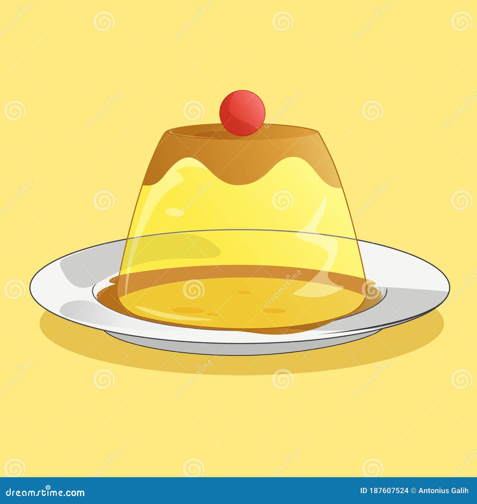 Vector Illustration of Caramel Pudding on Plate. Sweet Dessert Stock