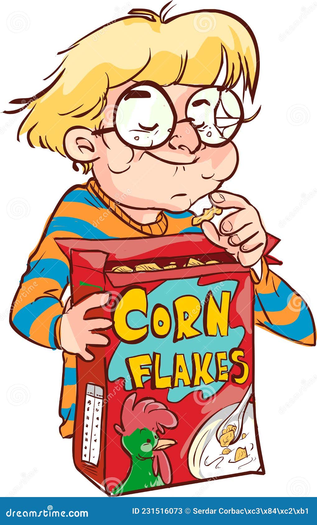 Corn Flakes, Rooster Mascot. Honey And Milk Splashes. 3d Vector