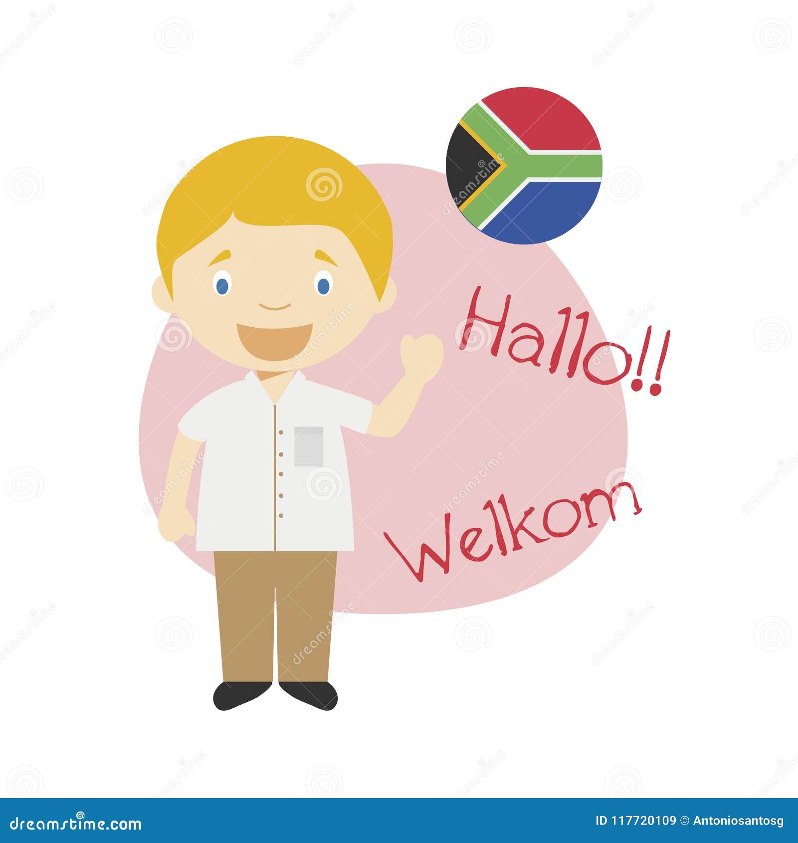   of cartoon character saying hello and welcome in afrikaans
