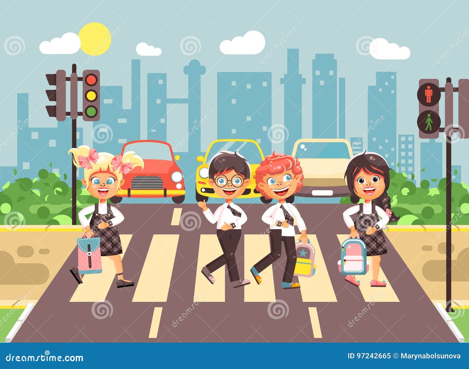   cartoon characters children, observance traffic rules, boys and girls schoolchildren classmates go