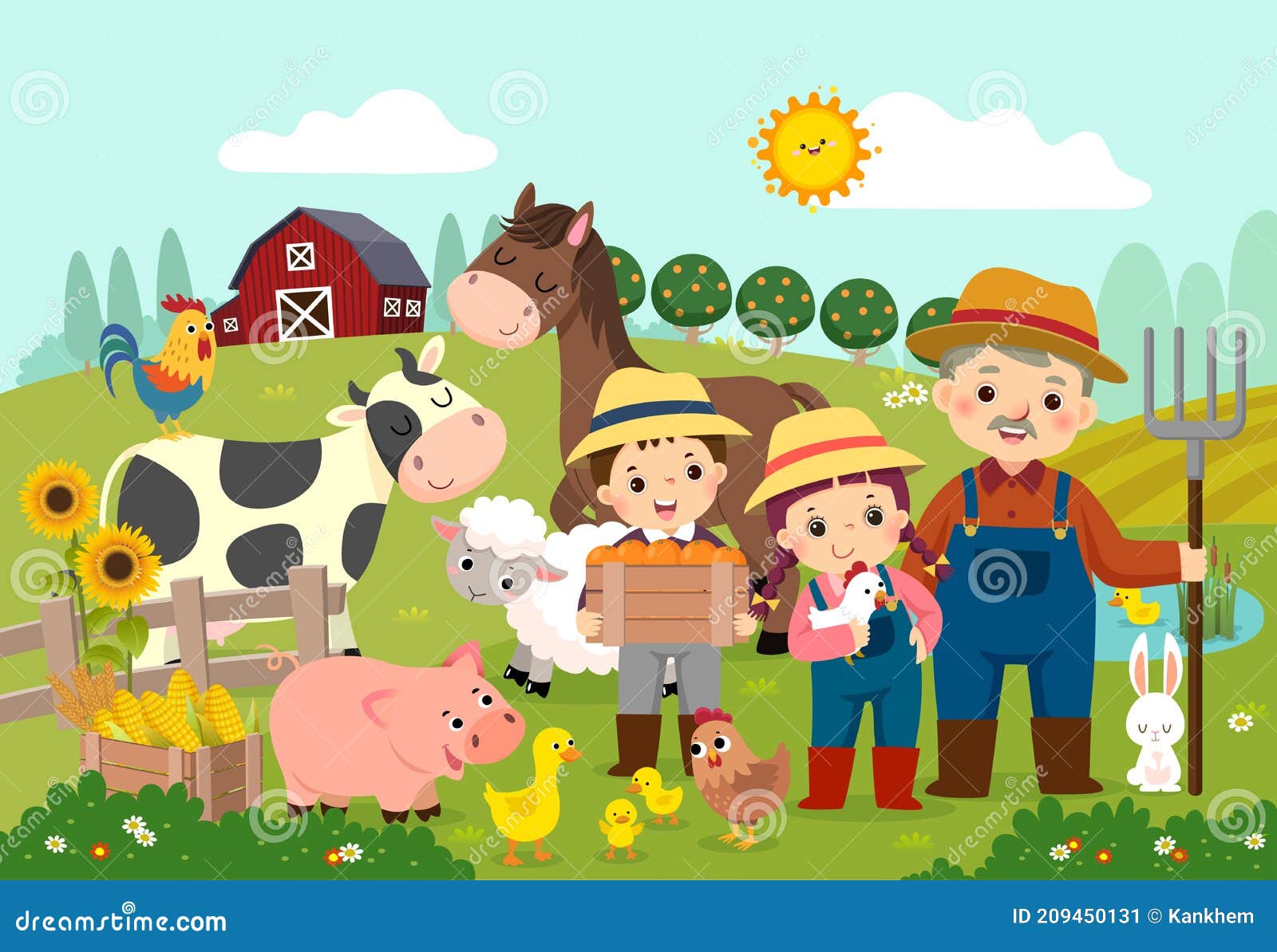 cartoon of happy farmer and kids with farm animals on the farm