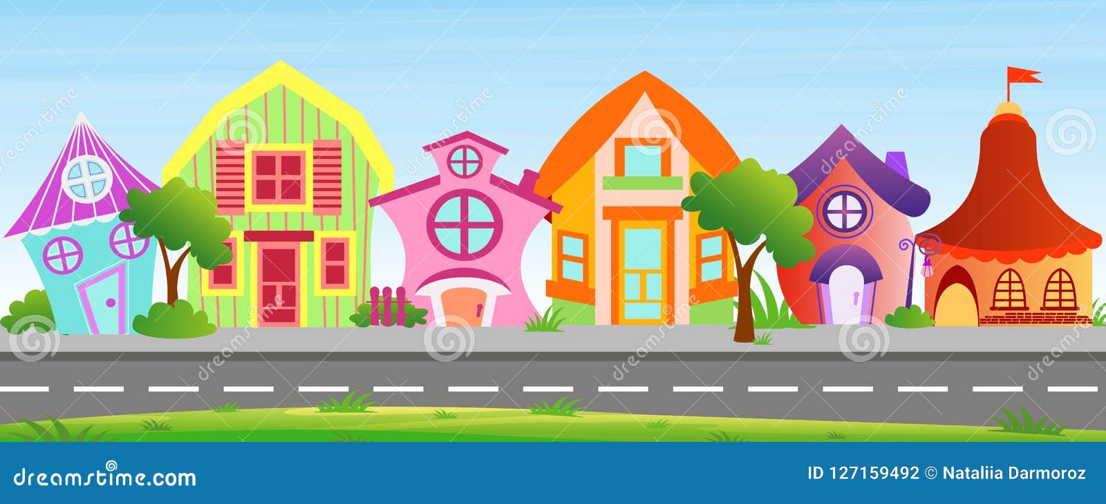   of cartoon houses in bright colors on sky background. colorful lovely and funny buildings on street