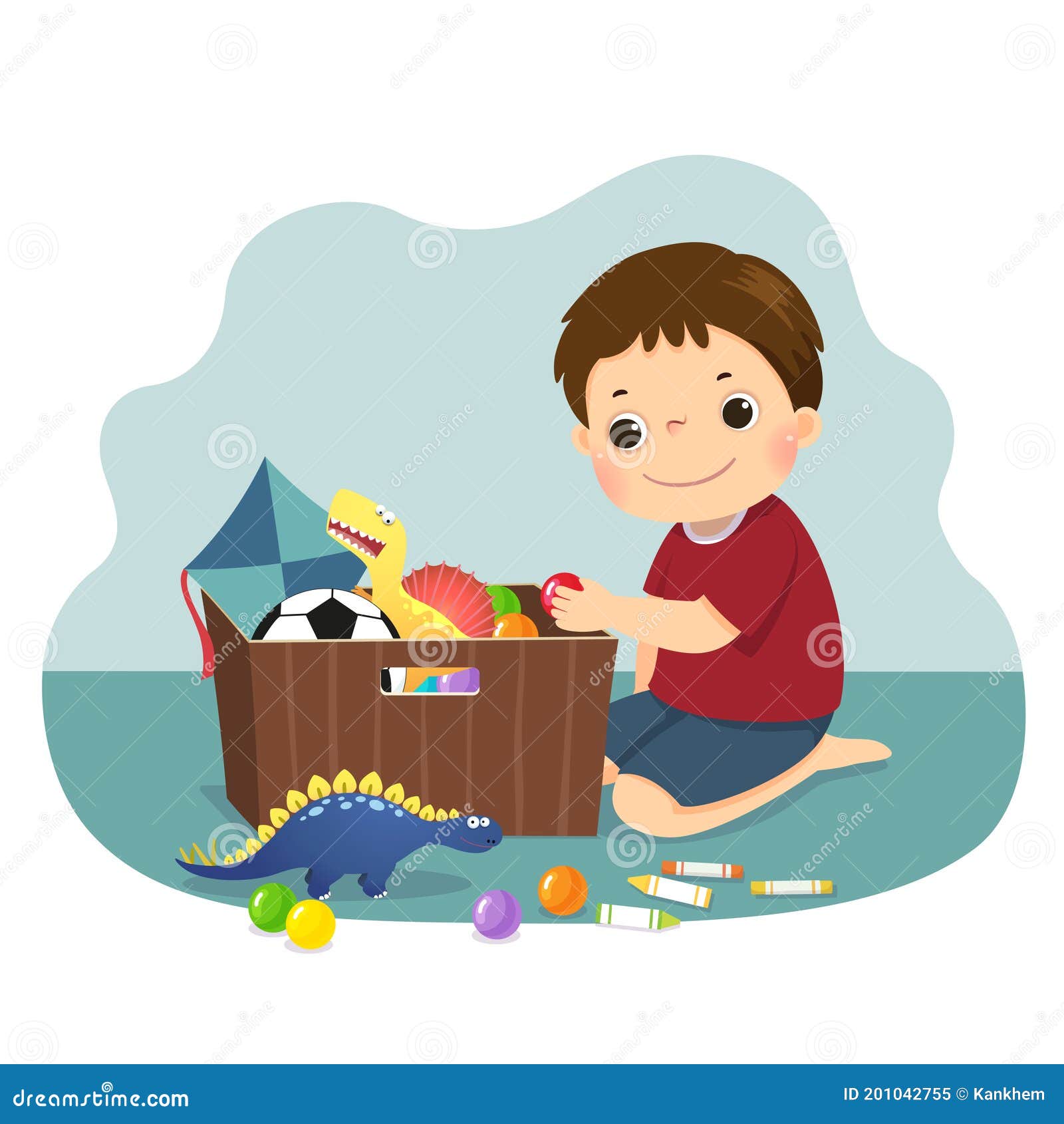 cartoon of a little boy putting his toys into the box. kids doing housework chores at home concept