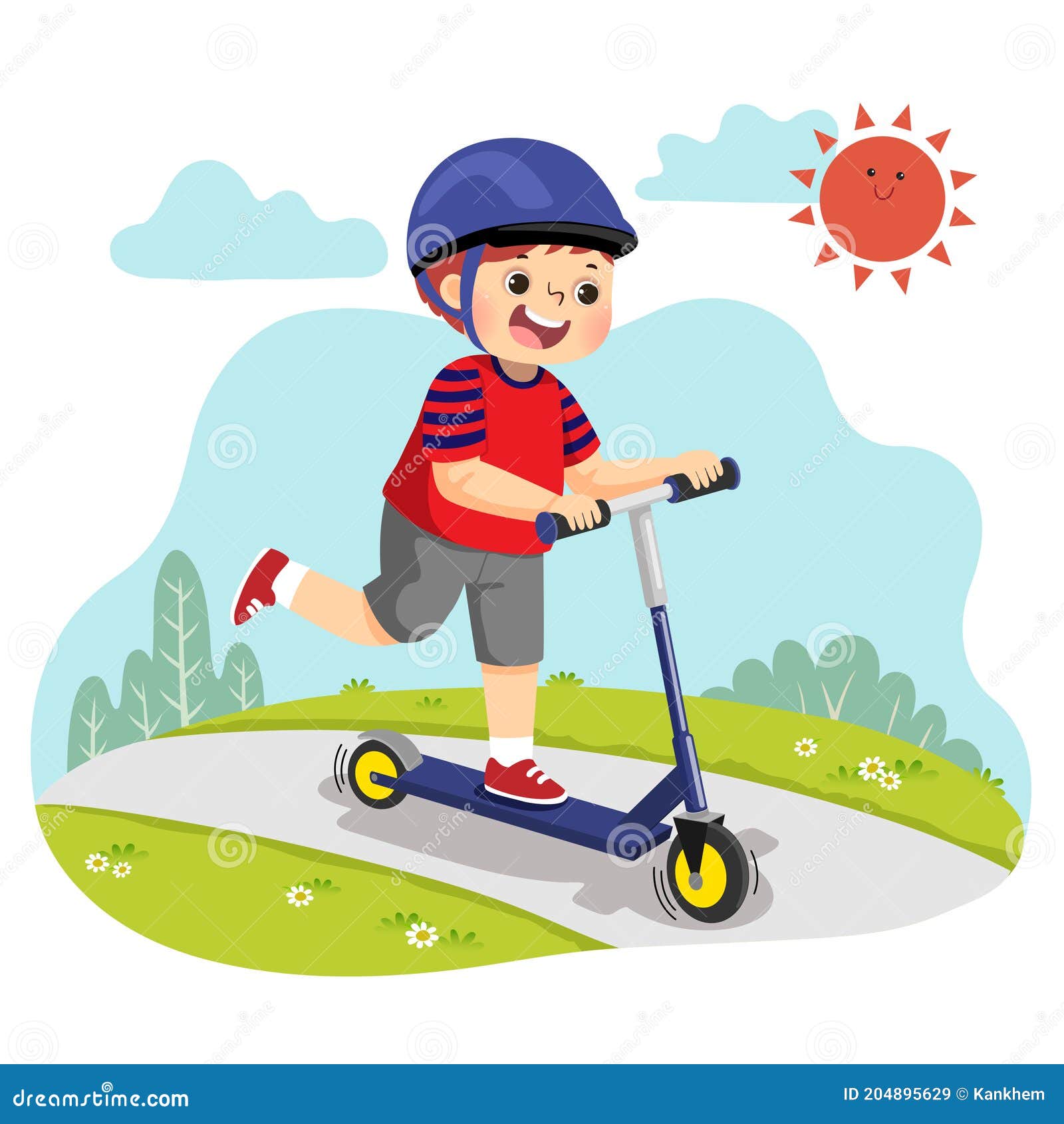 Cartoon of Little Boy Riding Two-wheeled Scooter in the Park Stock Vector -  Illustration of little, activity: 204895629