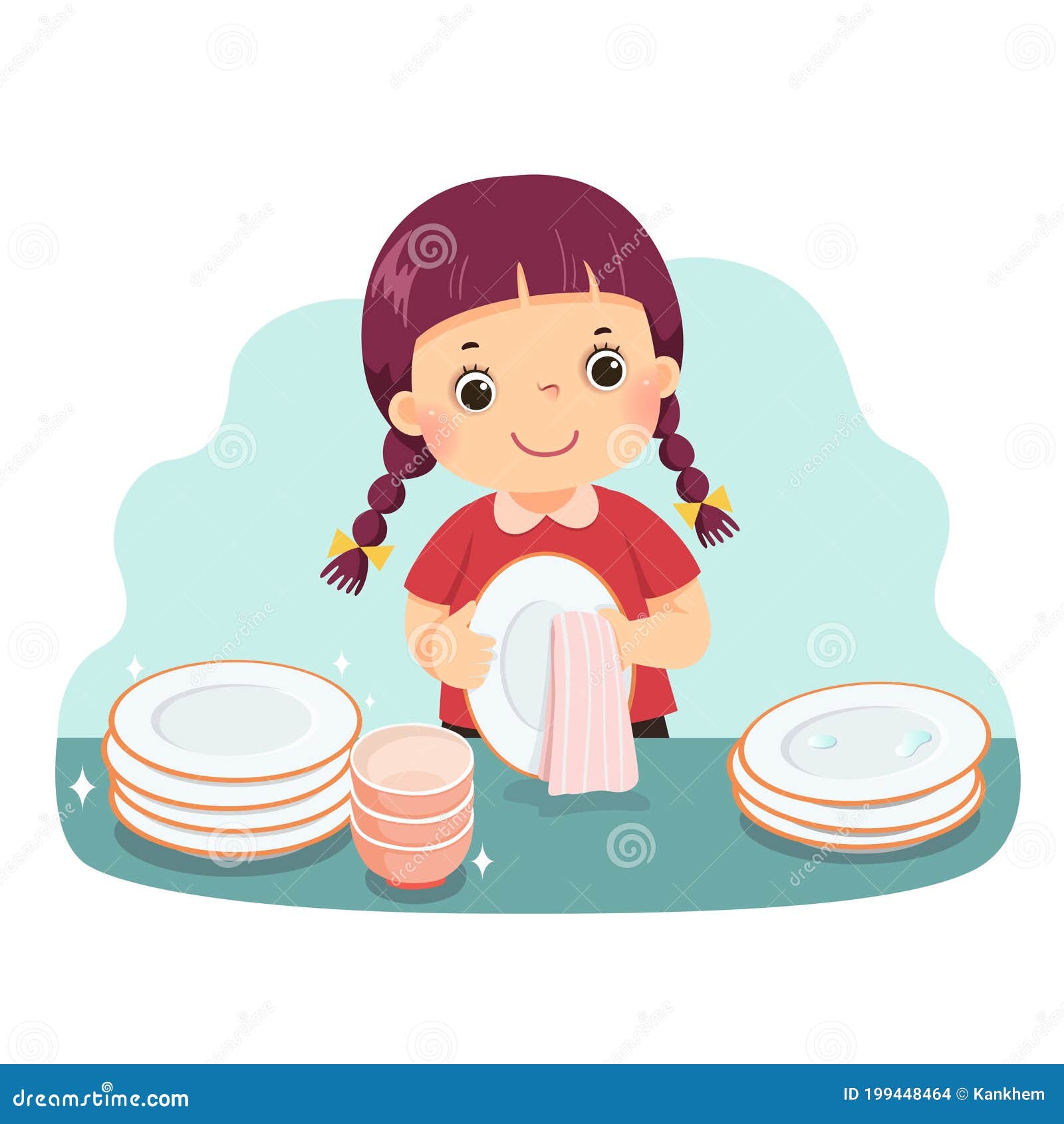 cartoon of a little girl drying the dishes at kitchen counter. kids doing housework chores at home concept