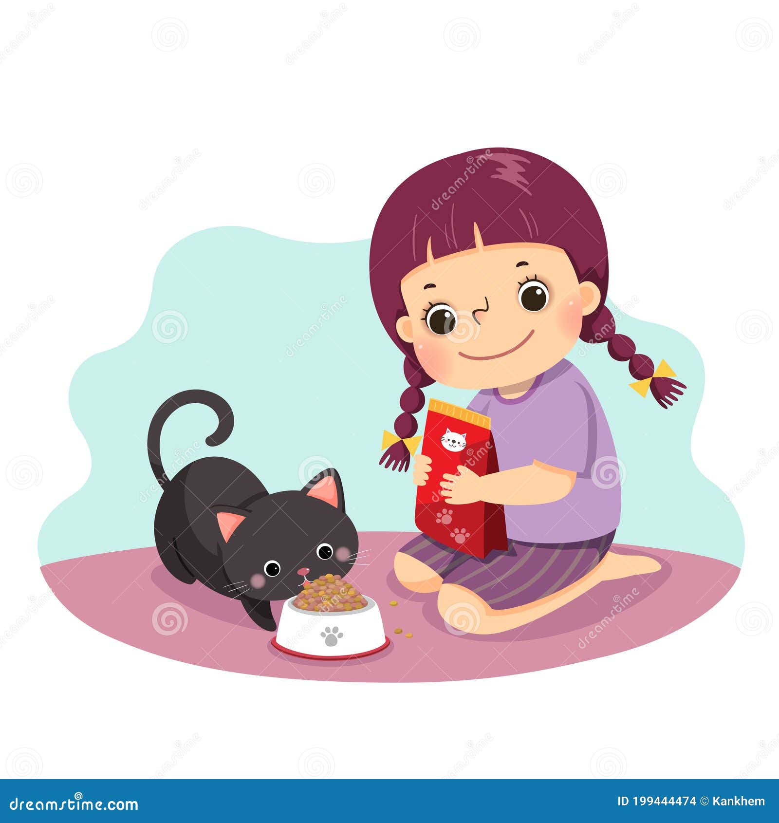 cartoon of a little girl feeding her cat at home. kids doing housework chores at home concept