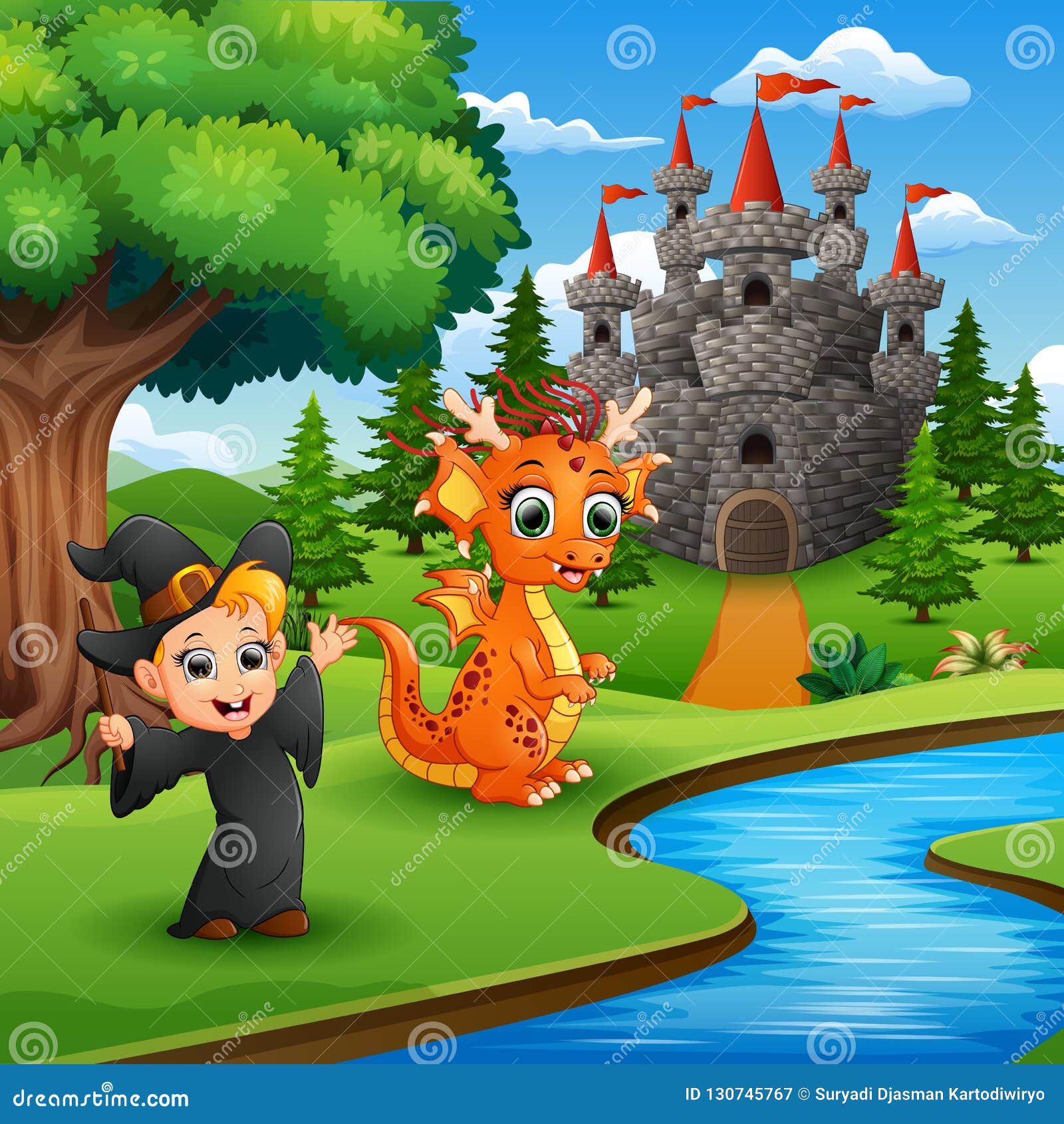 Cartoon of Little Witch and Dragon in the Park Stock Vector - Illustration  of fort, medieval: 130745767