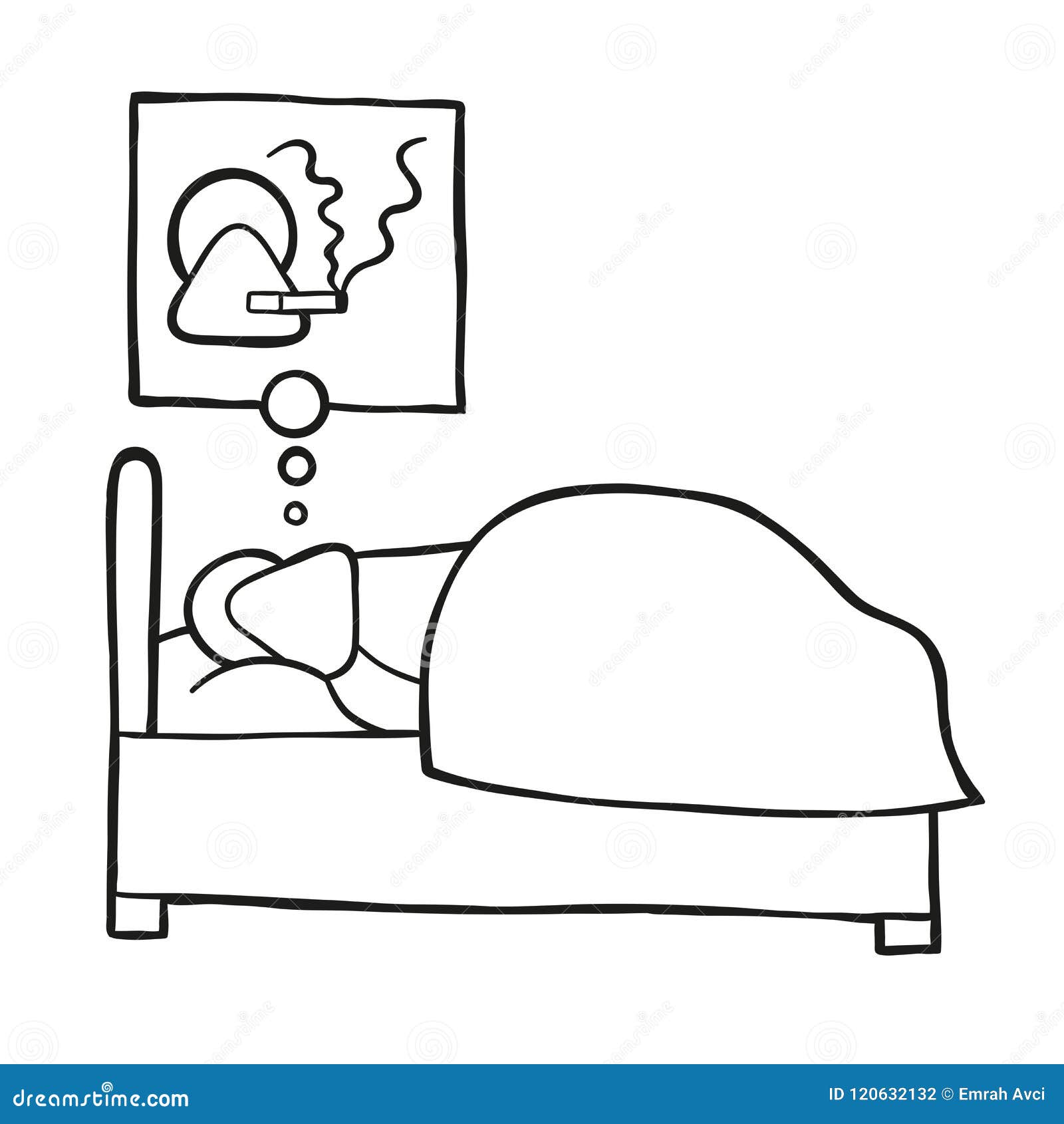 Vector cartoon man sleeping and smoking cigarette in his dream. Vector illustration cartoon man character sleeping and smoking cigarette in his dream.