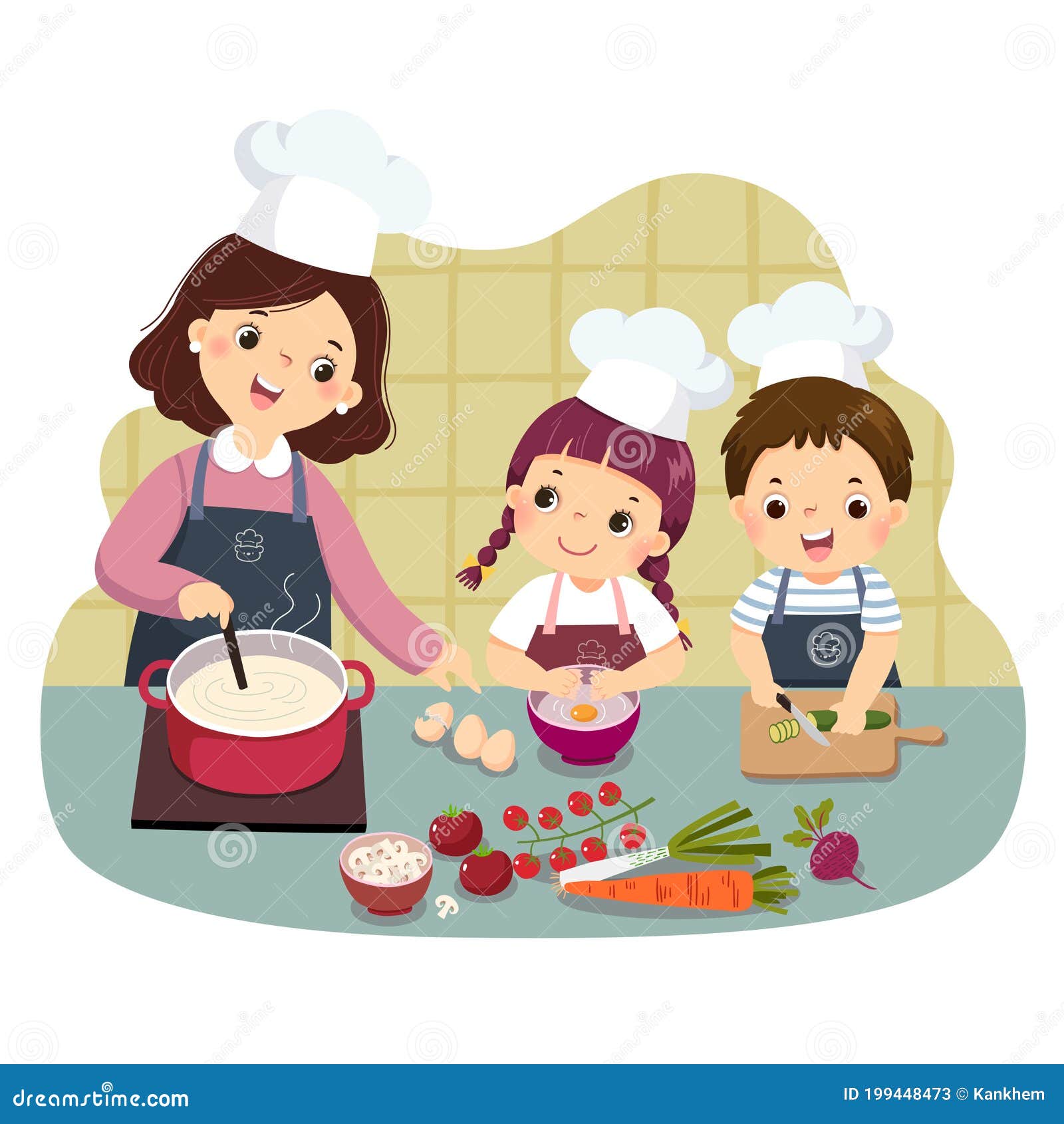 cartoon of mother and children cooking at kitchen counter. kids doing housework chores at home concept