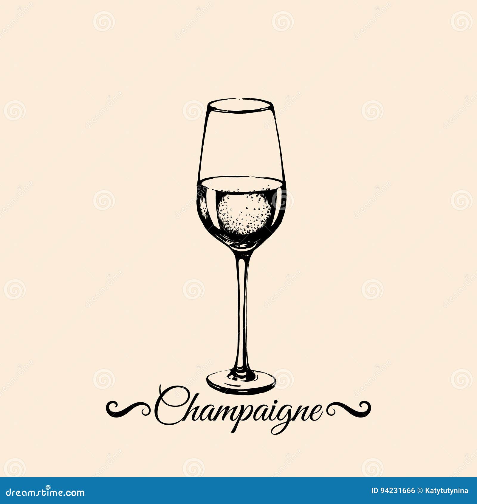 Vector Illustration Of Champagne Glass In Realistic Hand Drawn Sketch