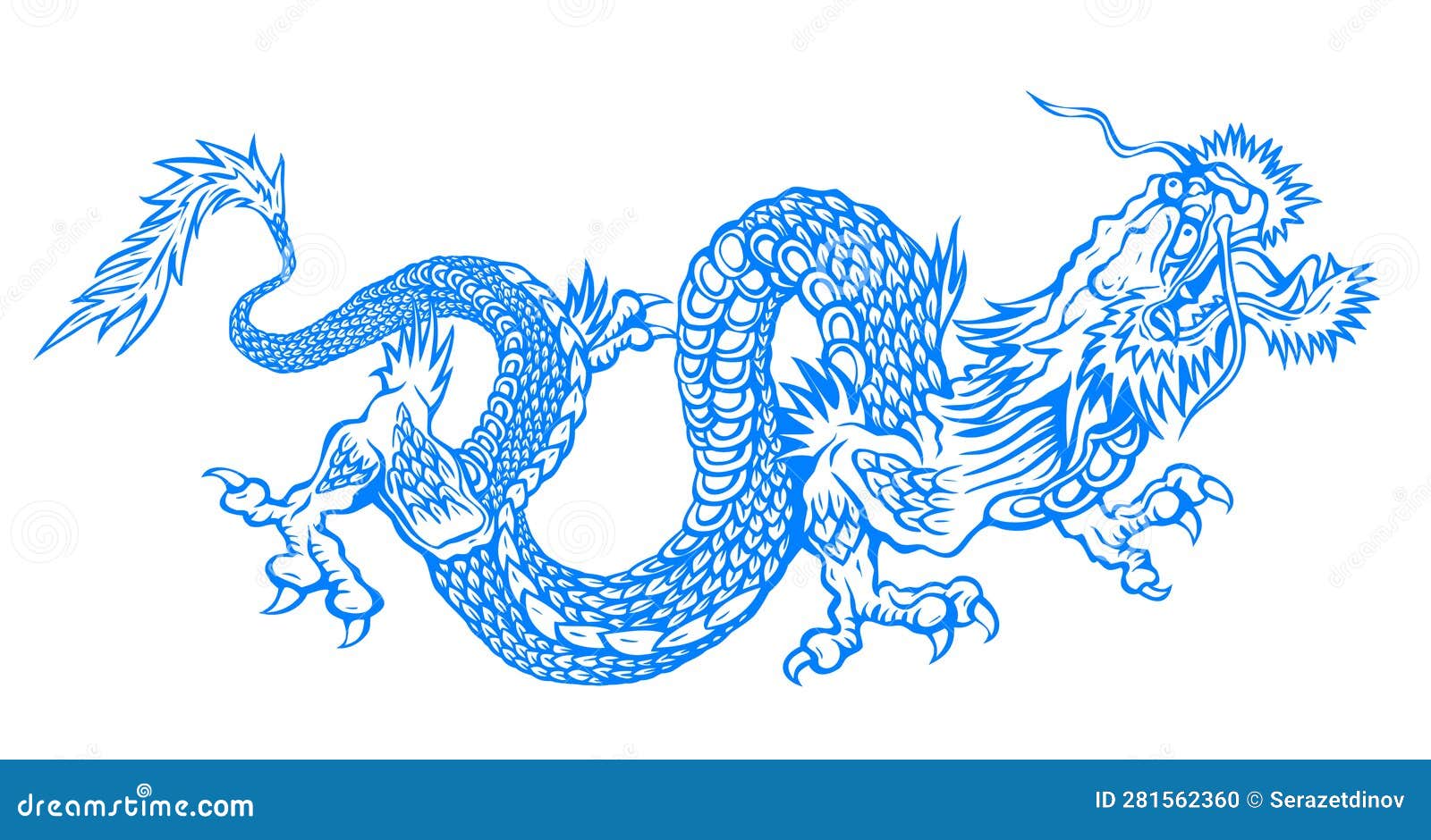 Vector Illustration of a Chinese Blue Dragon. Tattoo of Blue Asian