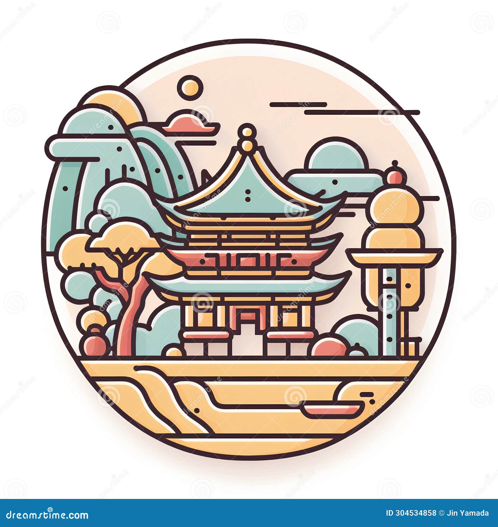   of chinese temple in flat linear style, round icon
