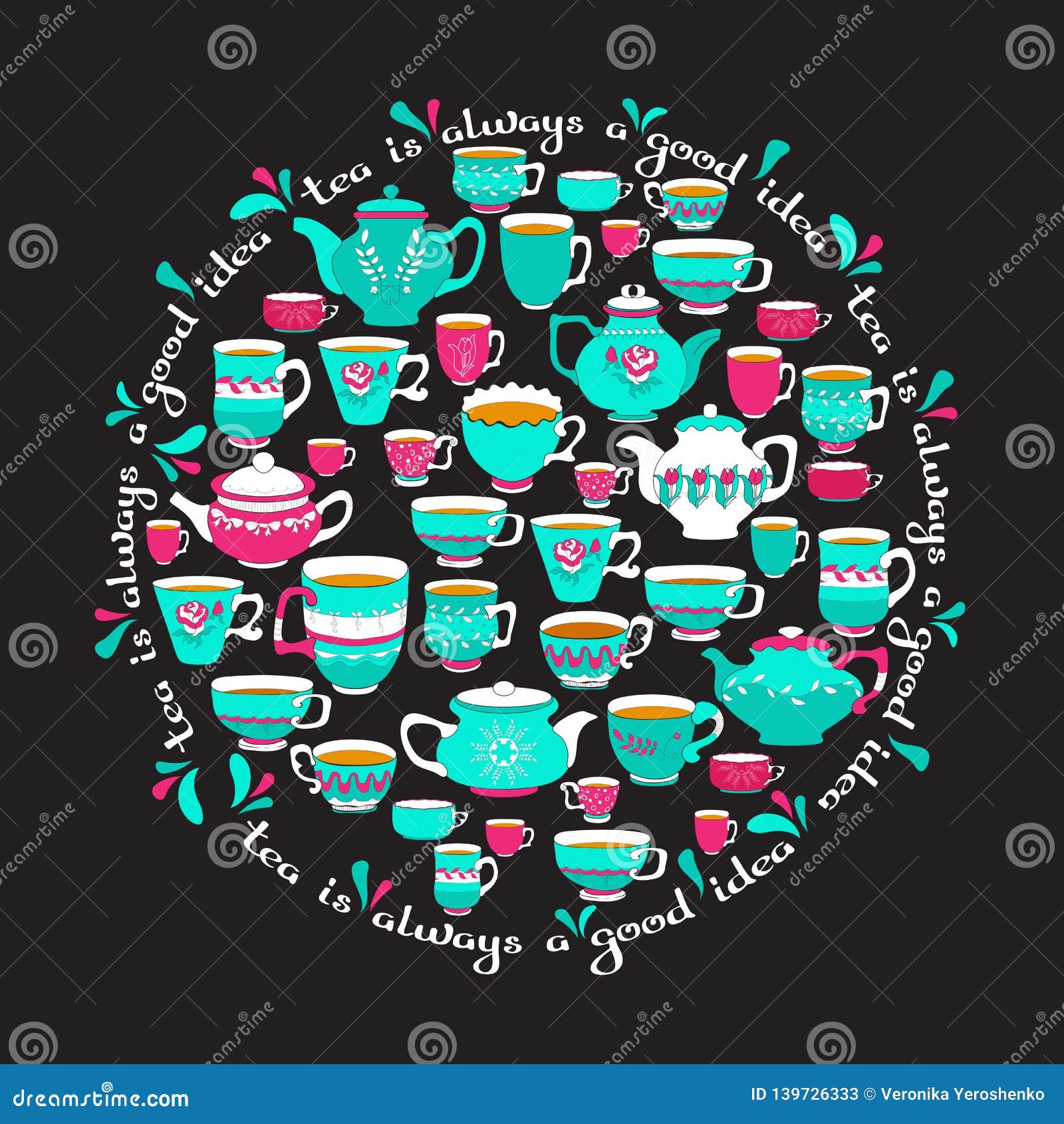 Vector Illustration with Circle Pattern of Tea Cups and Lettering