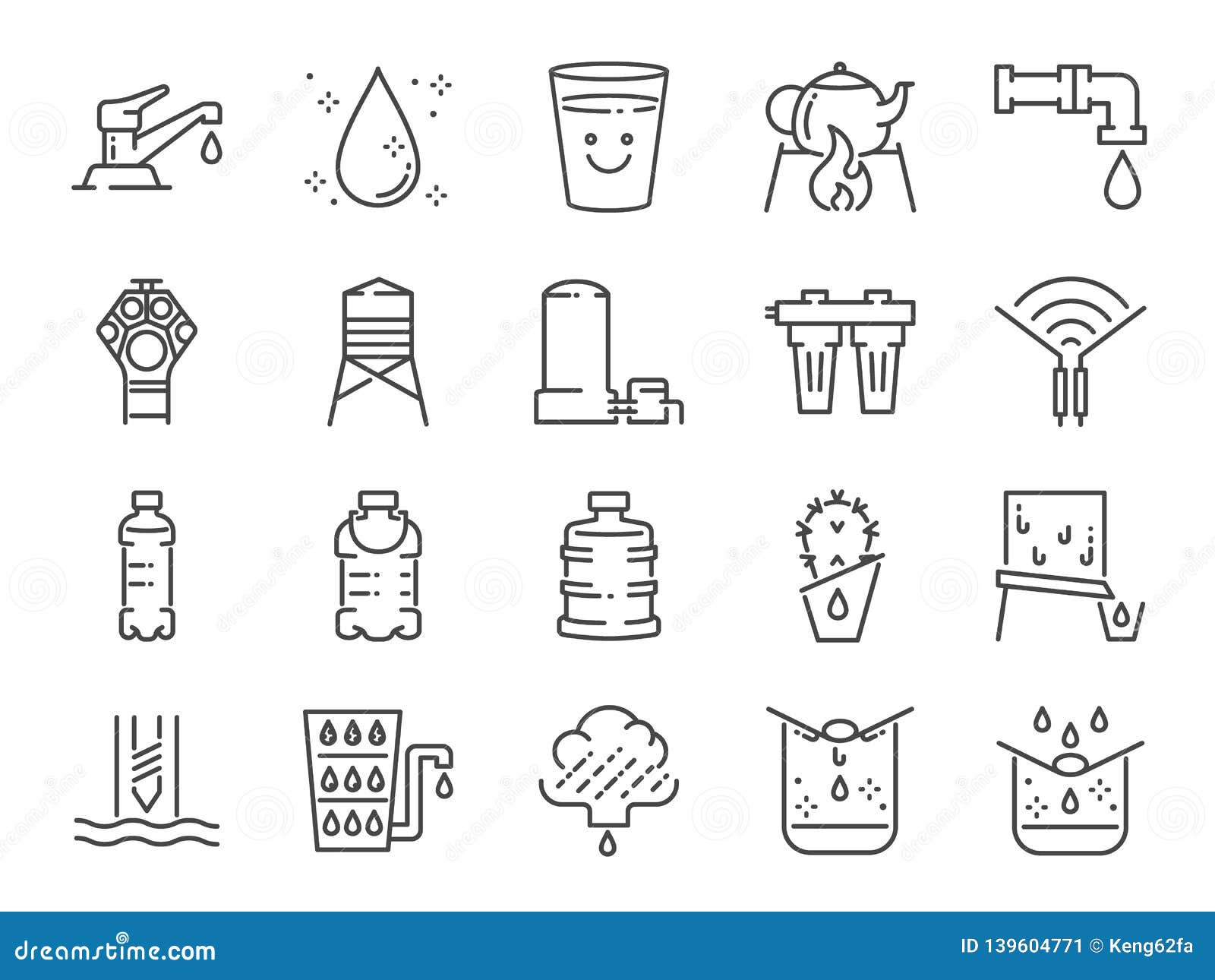 clean water line icon set. included icons as drink, drinkable, filter, purifiers, moisture and more.