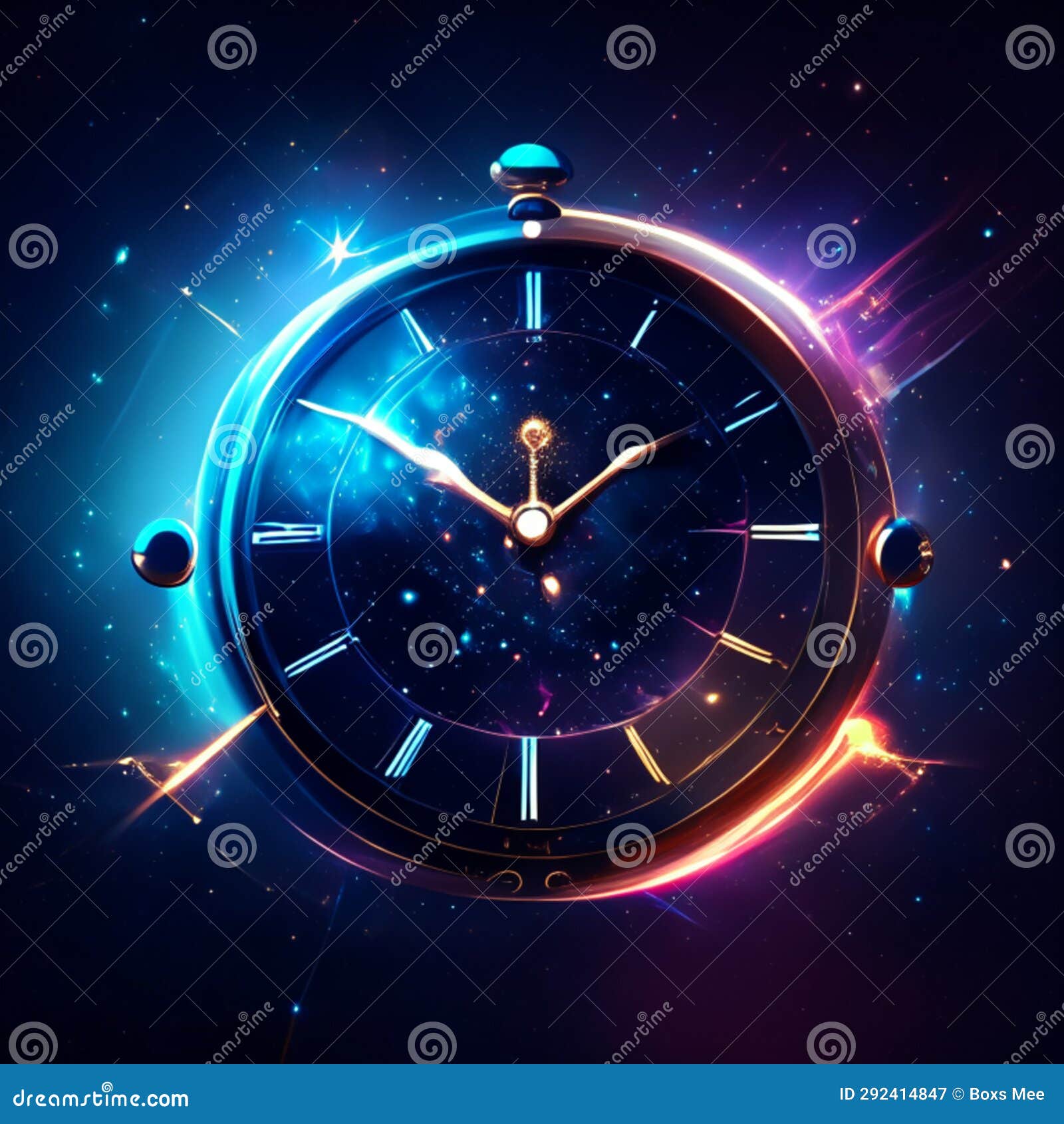 Vector Illustration of a Clock on a Dark Background. Time Concept Stock