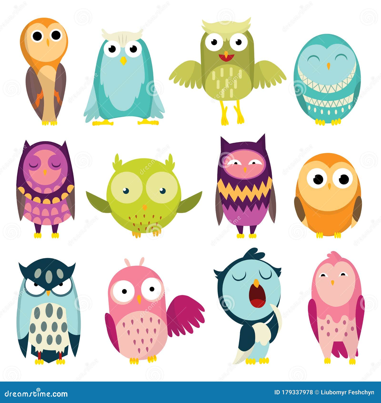 Vector Illustration of Colorful Cartoon Funny Owls Set on White Background.  Happy and Joyful Birds Set in Flat Style Stock Vector - Illustration of  adorable, emotion: 179337978