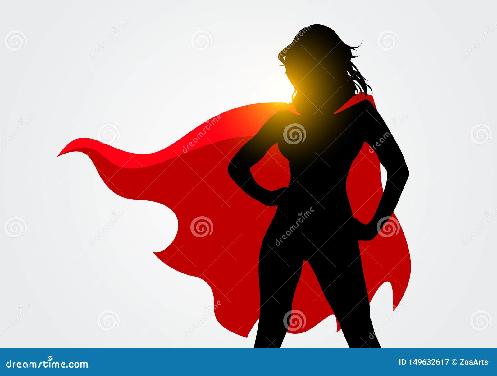 Vector Illustration Female Superhero Silhouette With Cape In Action Poses S...