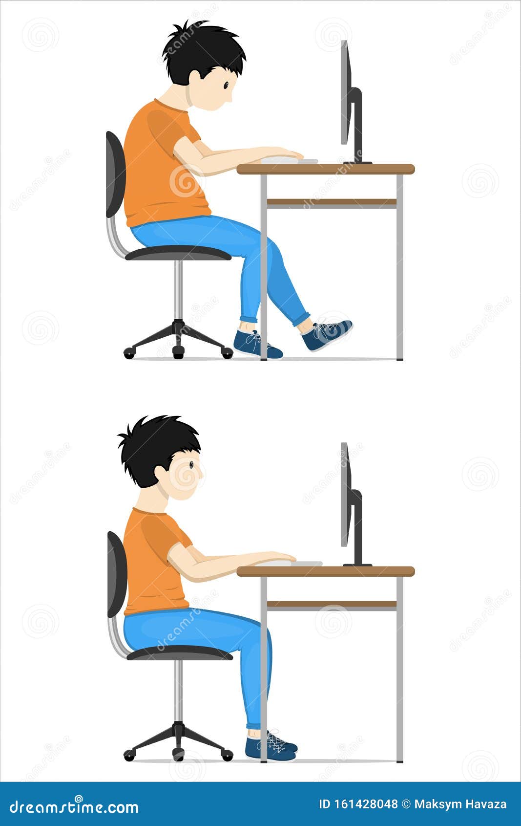 Vector Illustration of Correct Posture at the Table. Working at the ...