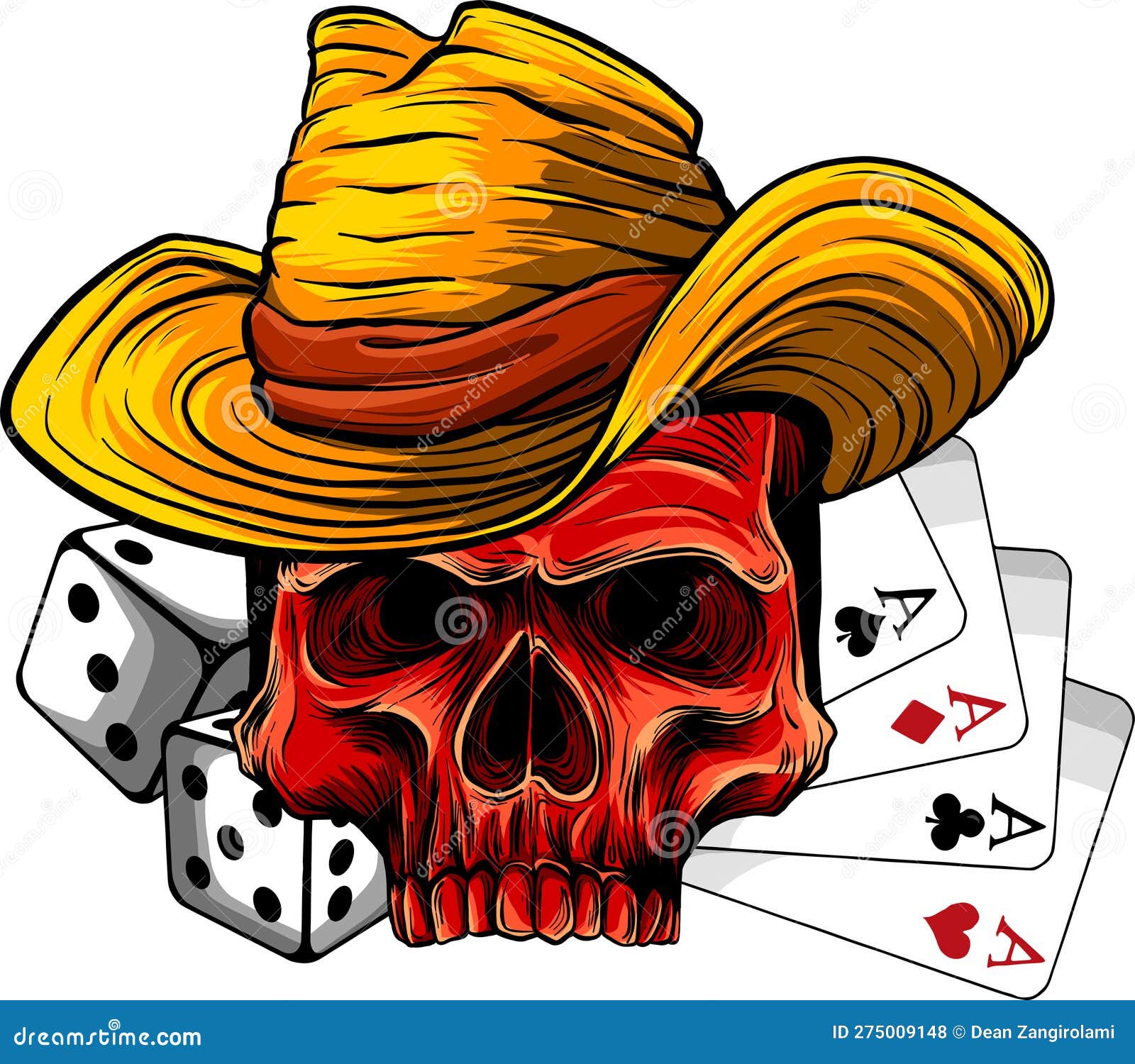 Vector Illustration of Cowboy Skull with Poker Ace and Dice Stock