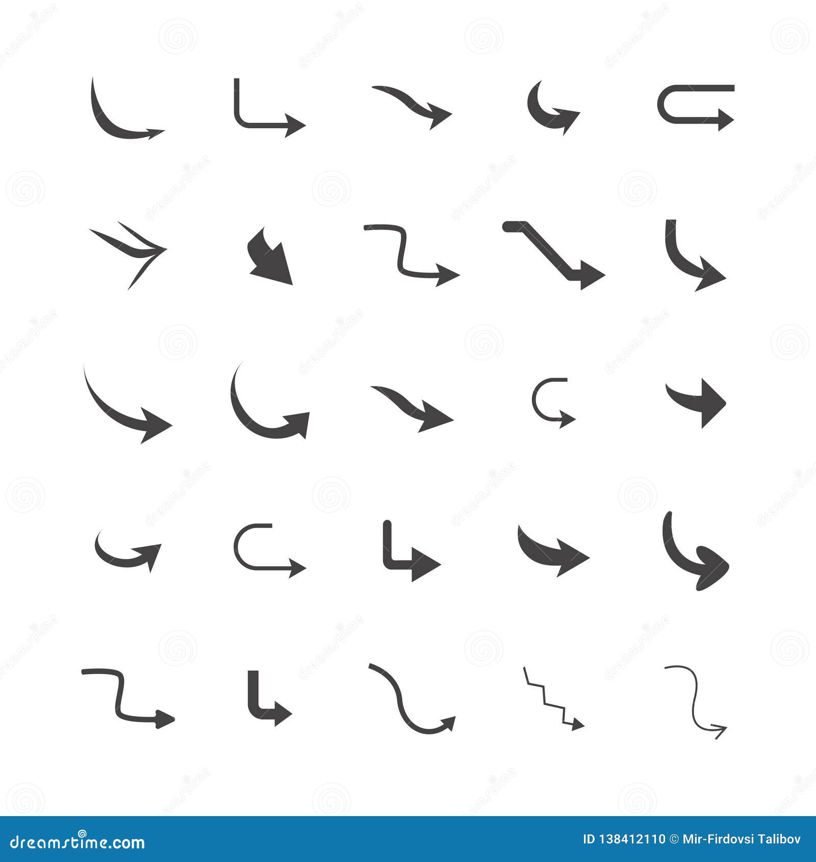   of curved arrow icons. 25 curved arrow icons set