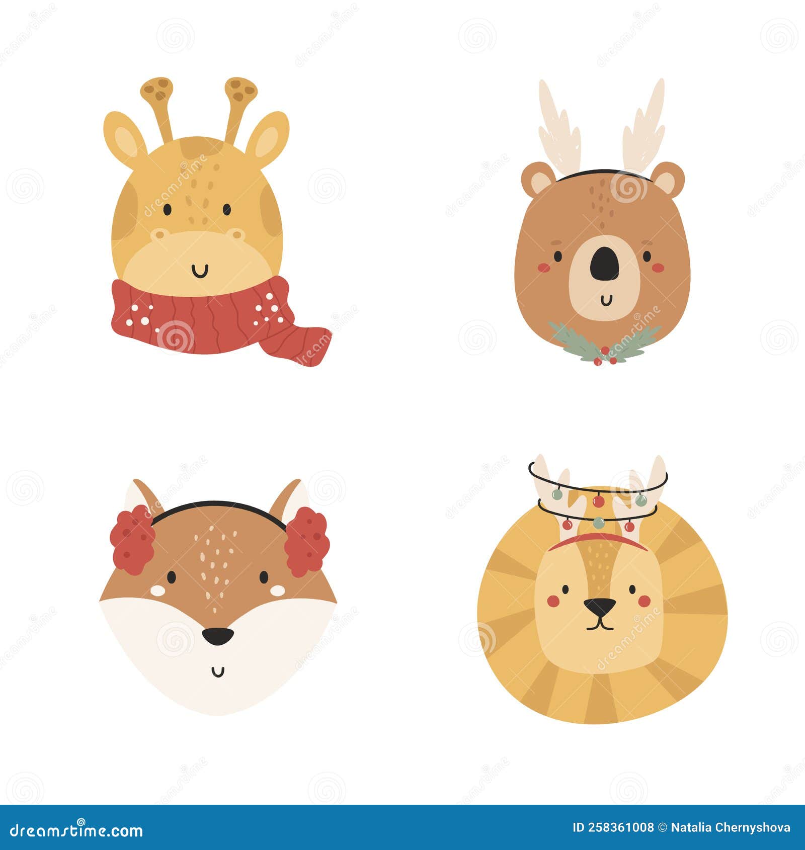 Vector Illustration with Cute Animal Faces in Chrostmas Decorations
