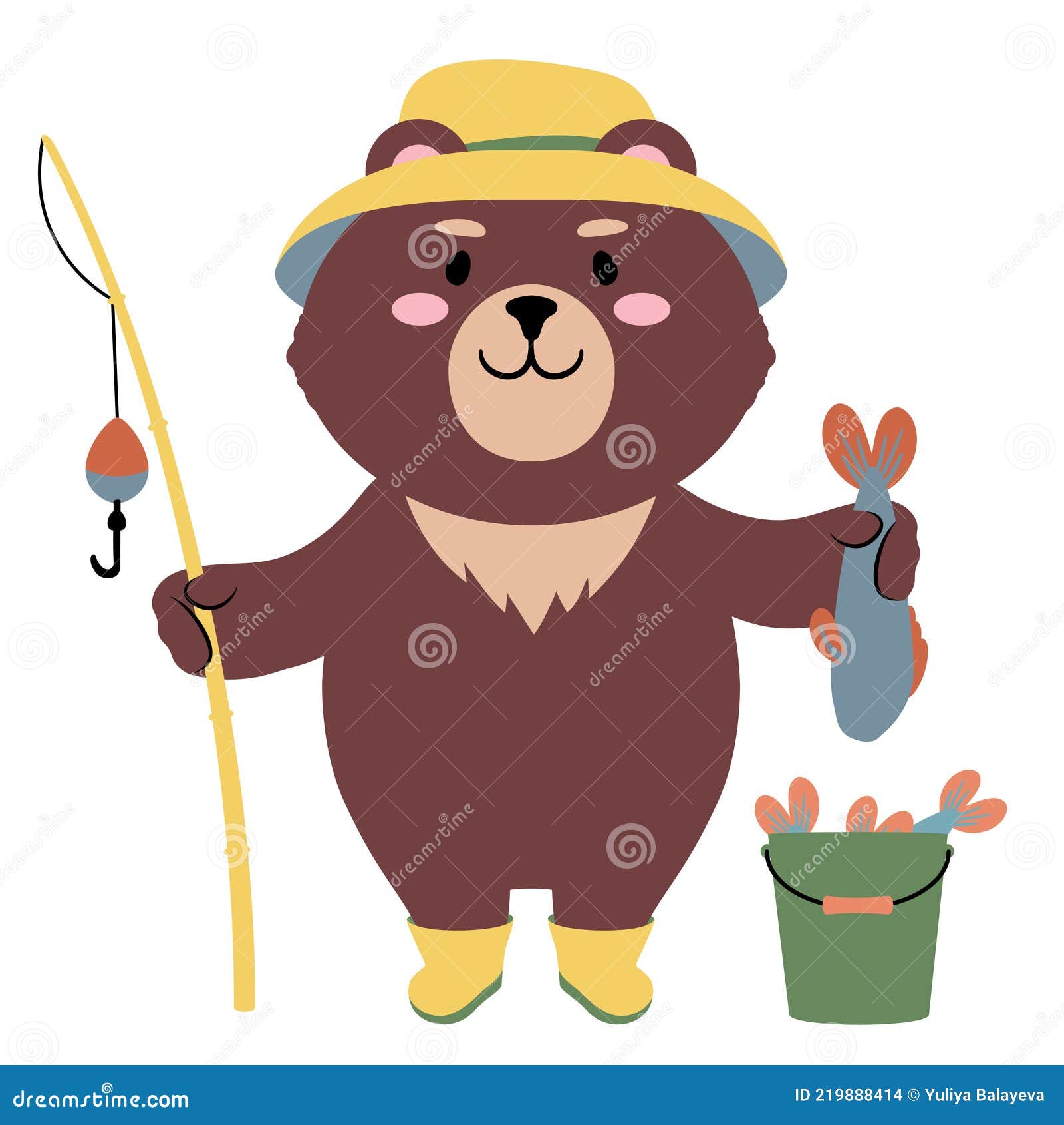 Vector Illustration of a Cute Cartoon Teddy Bear with a Fishing Rod and a  Fish Stock Vector - Illustration of fish, bear: 219888414