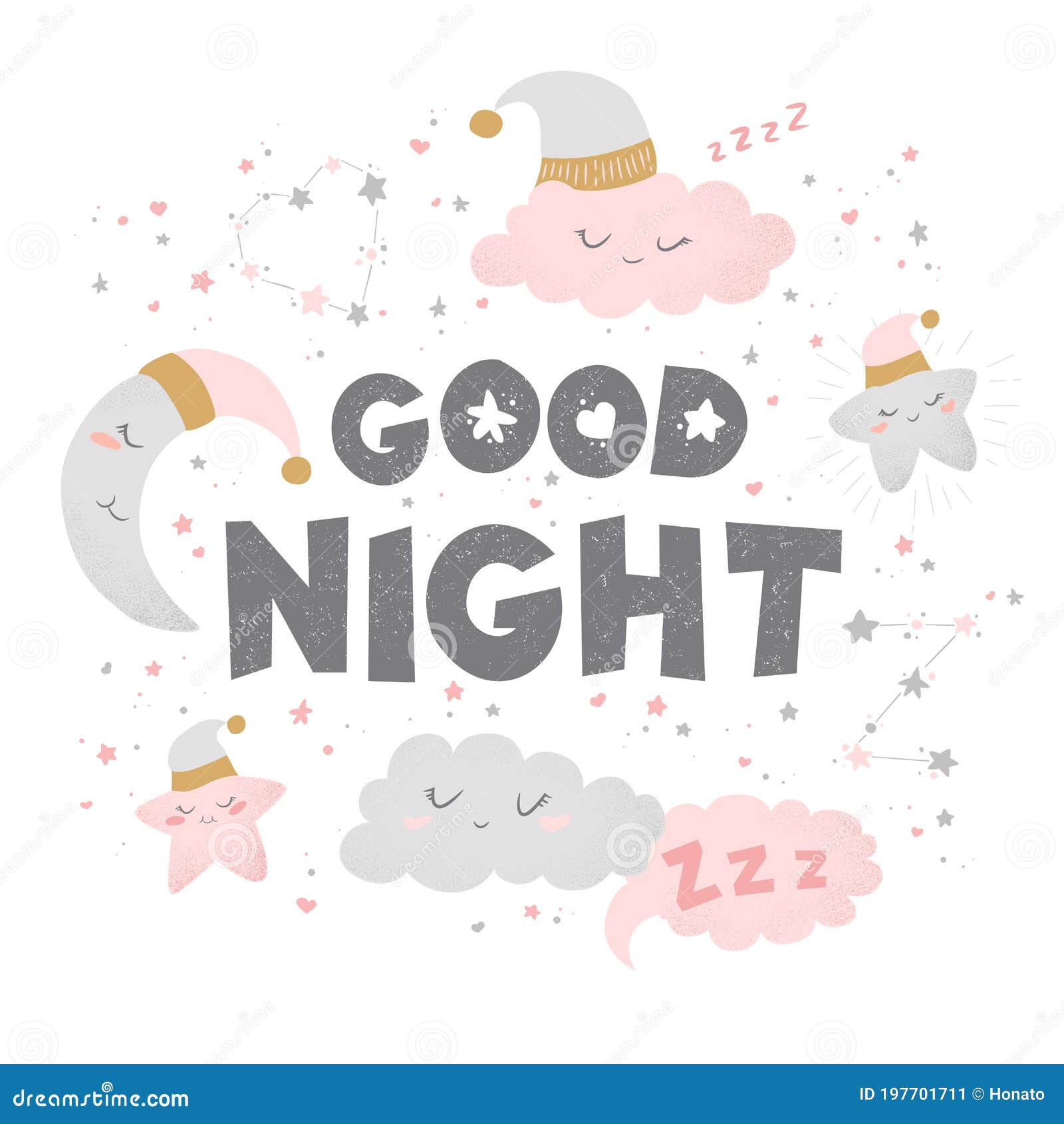 Vector Illustration with Cute Hand Drawn Cartoon Clouds, Moon, Stars ...