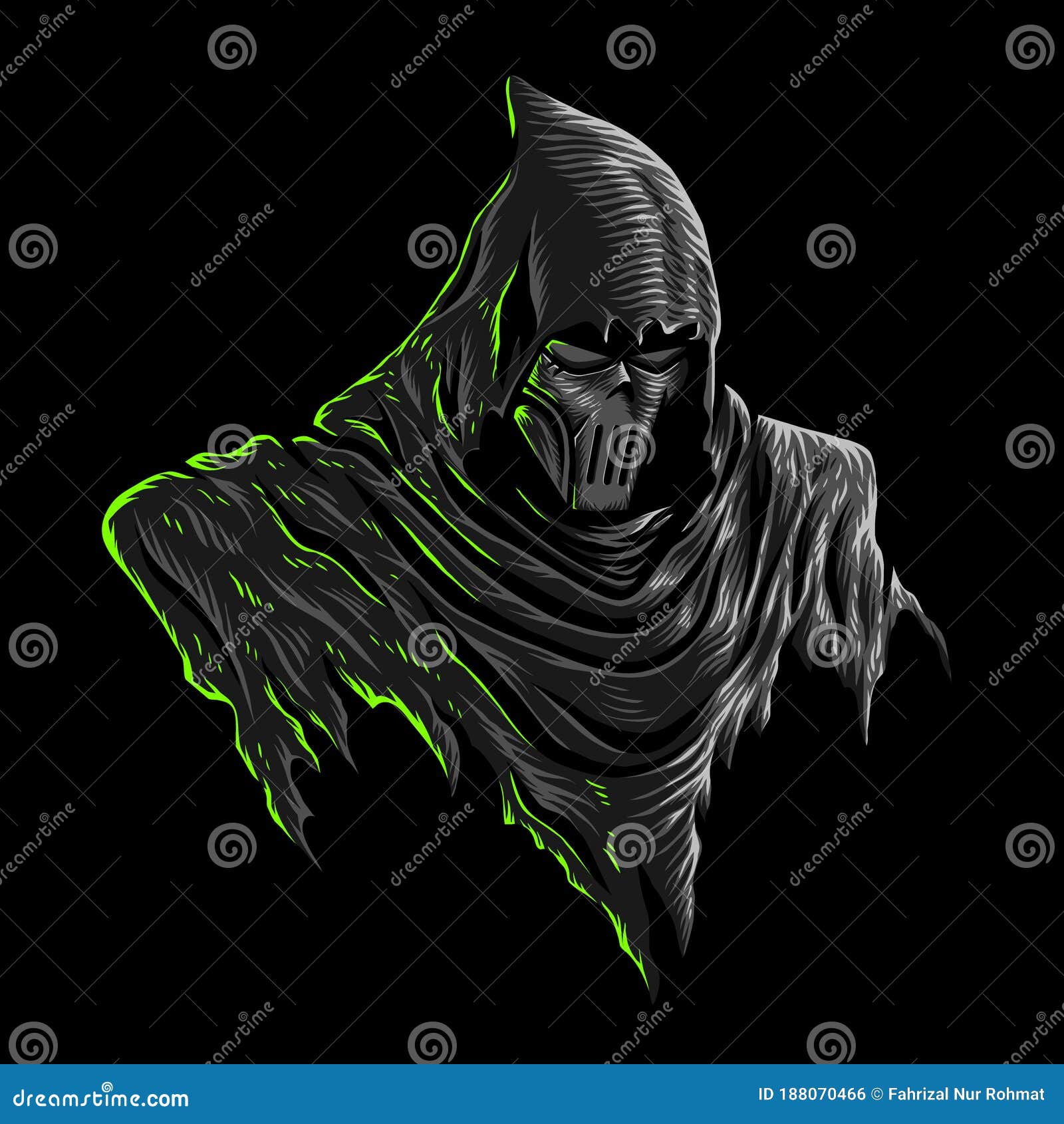   of dark grim reaper with mask, dark hood on the black background. for mascot logo  in modern