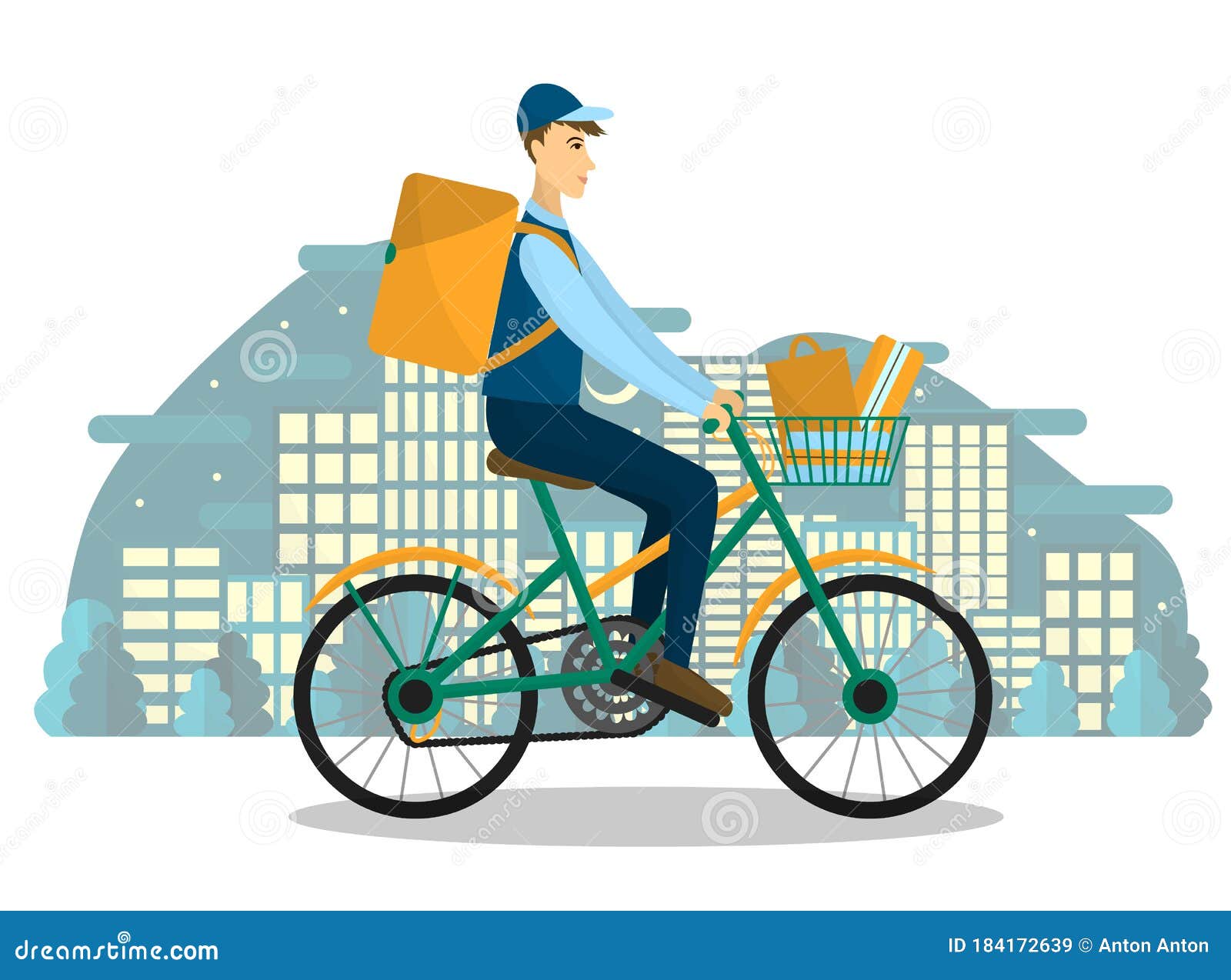 Vector Illustration of the Driver on the Bike with an Order. Courier Ride a Bicycle