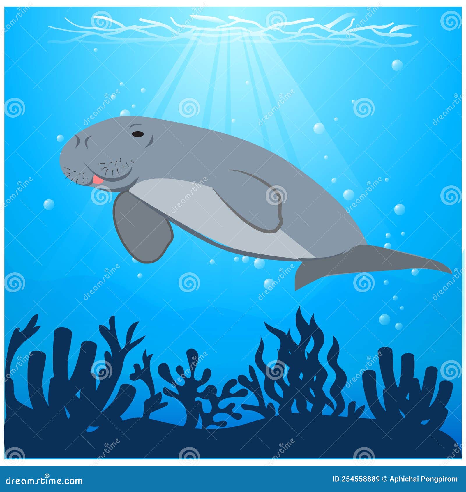 Vector Illustration Dugong Swimming Under the Sea with Algae Animal  Conservation Stock Vector - Illustration of blue, dugong: 254558889