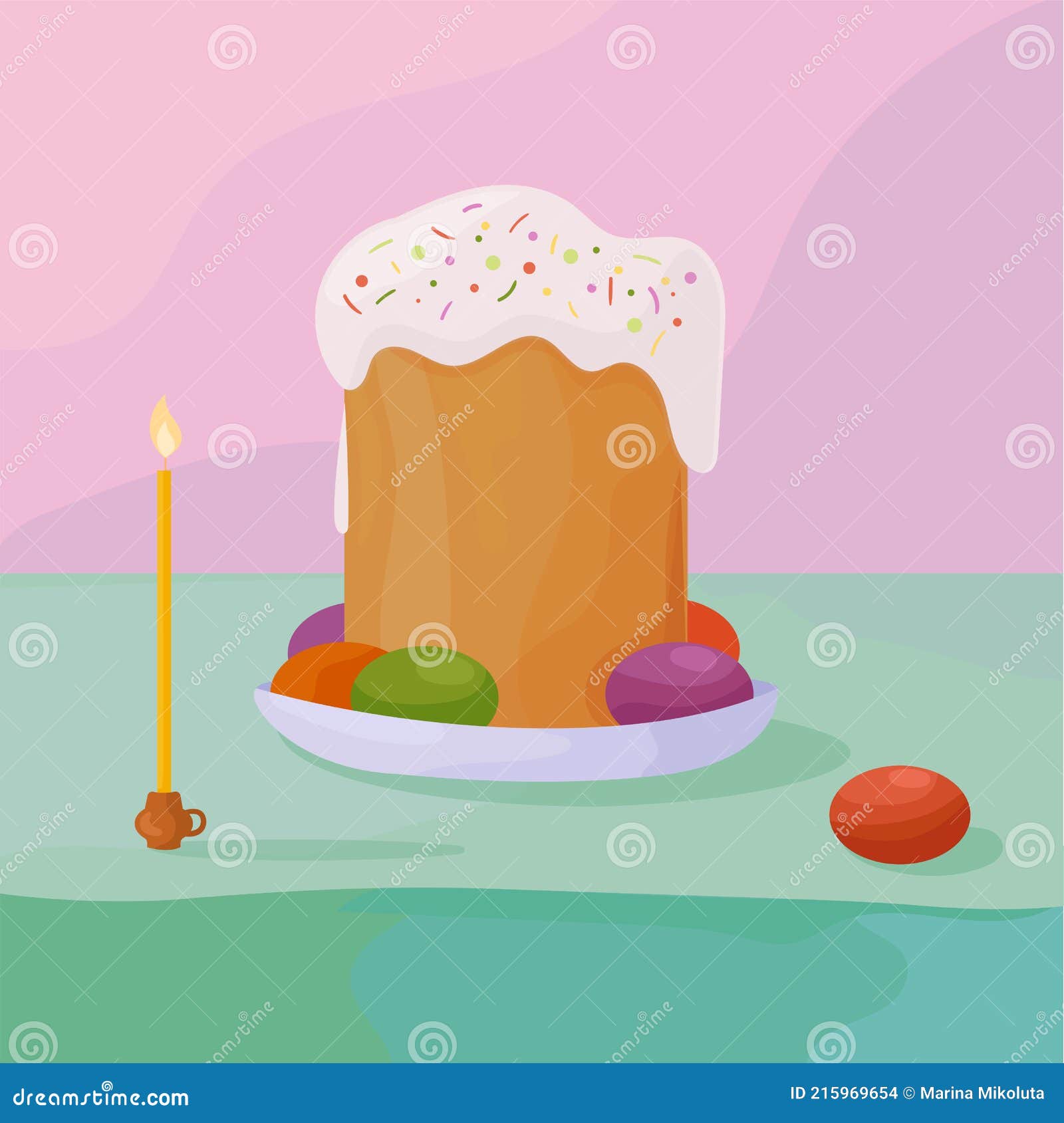 Vector Illustration Easter 2021. Holiday Cake with Colored Eggs and Candle Stock Vector